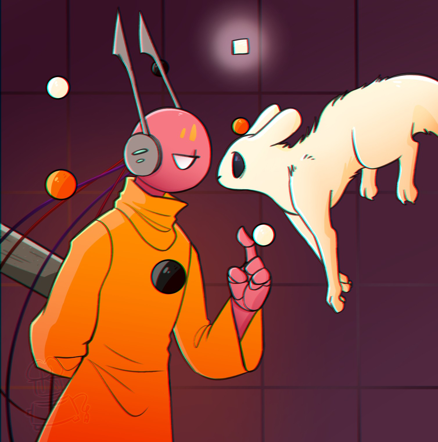 Five Pebbles, a robot, on the left side of the screen with 6 pearls surrounding his head. He's holding up Survivor, a slugcat, with his telekinesis next to his face.