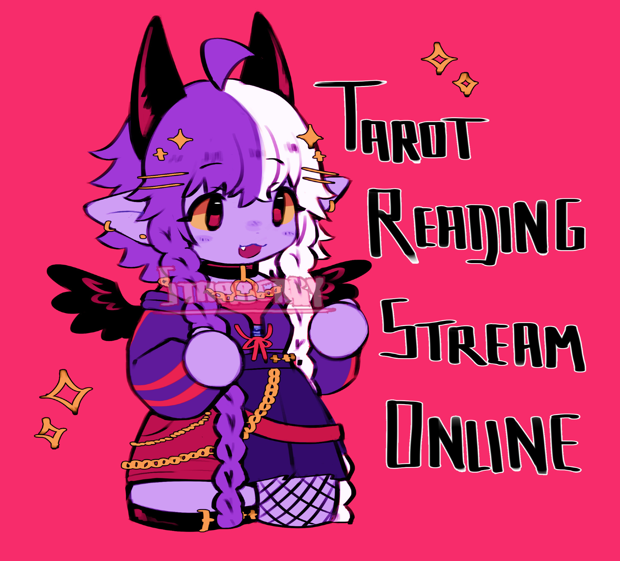 A pastel purple demon with tall, black horns and feathery wings, wearing a fun, yet complex, outfit. Their hair is fluffy and short, except for two very long and thick braids in front of their ears as part of their bangs. It says "TAROT READING STREAM ONLINE" with sparkles decorating a bright pink background.