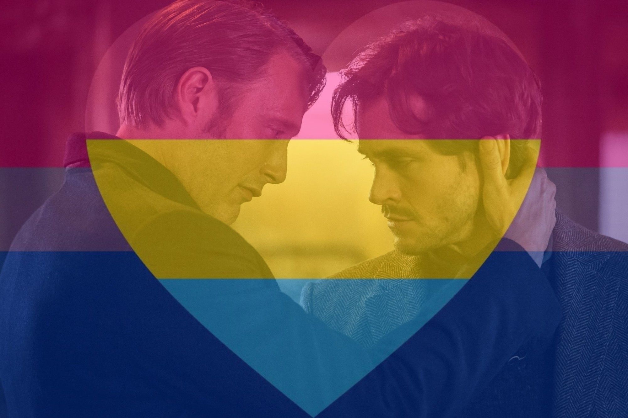 Hannibal Lecter and Will Graham overlayed with both the bi pride flag and the pan pride flag