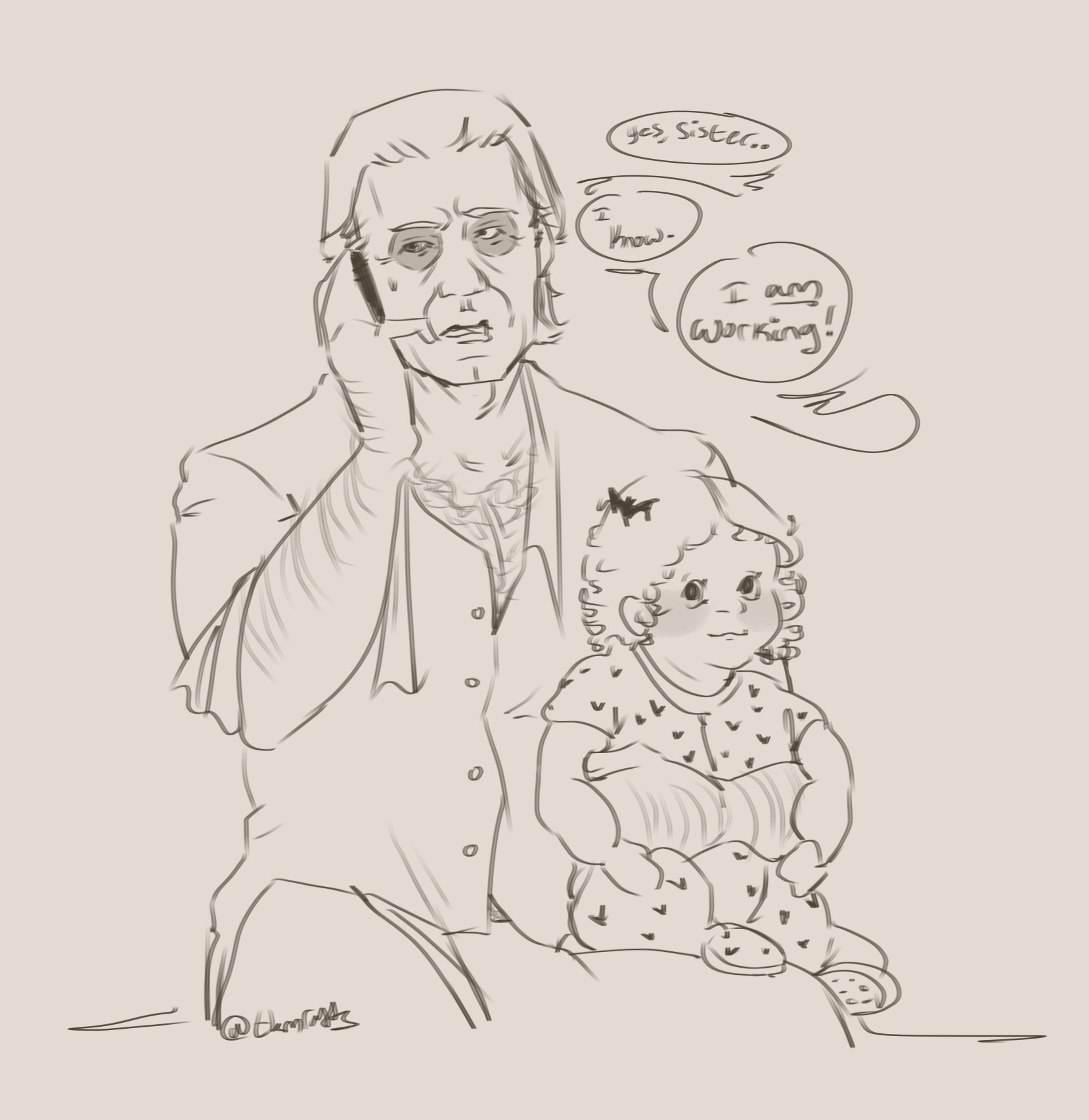 Drawing of Papa Emeritus IV with his baby daughter , Irene, in his lap. He’s talking on the phone , saying, “yes, sister … I know… I AM working!”