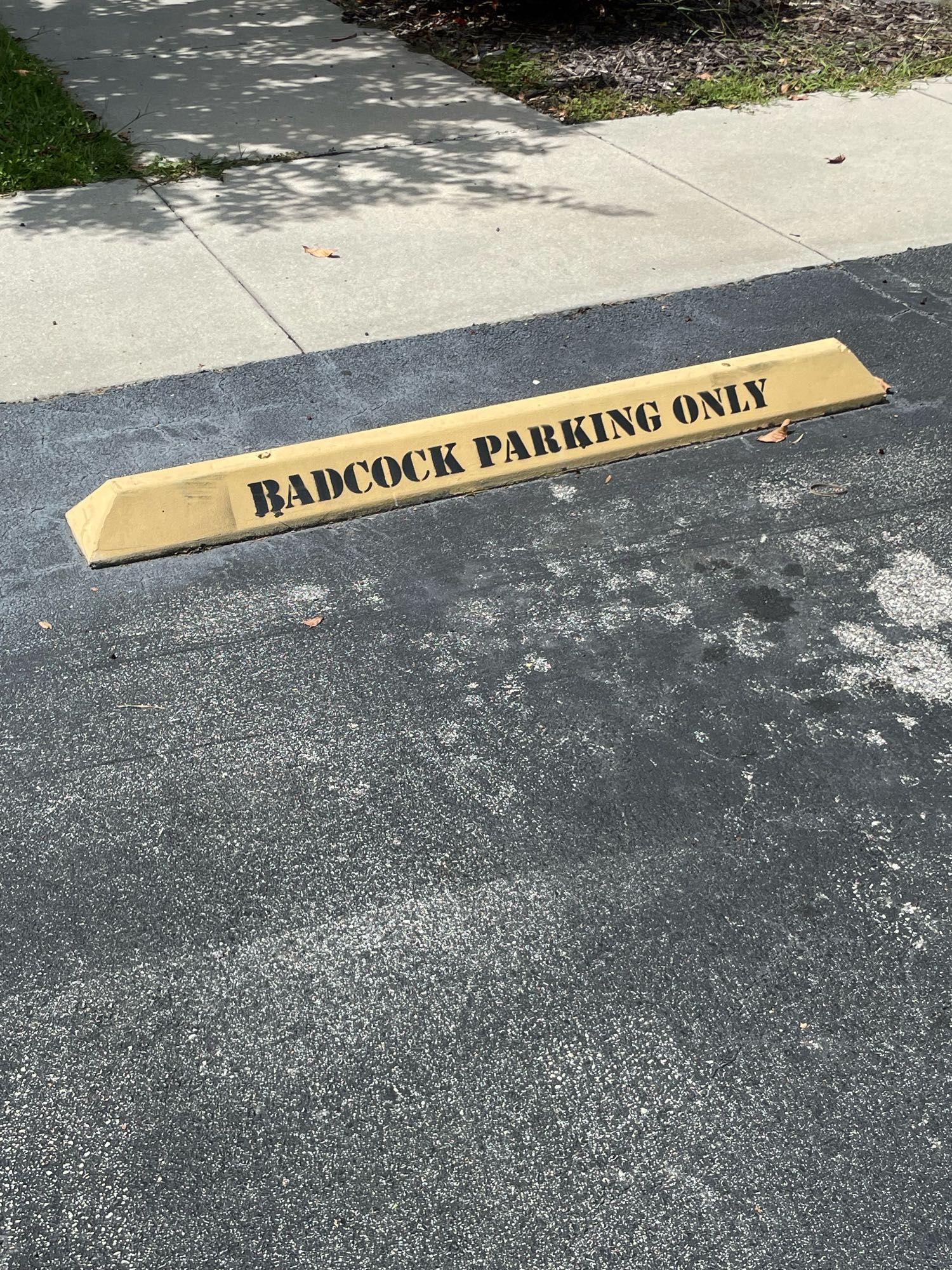 A parking block that says “BADCOCK PARKING ONLY”