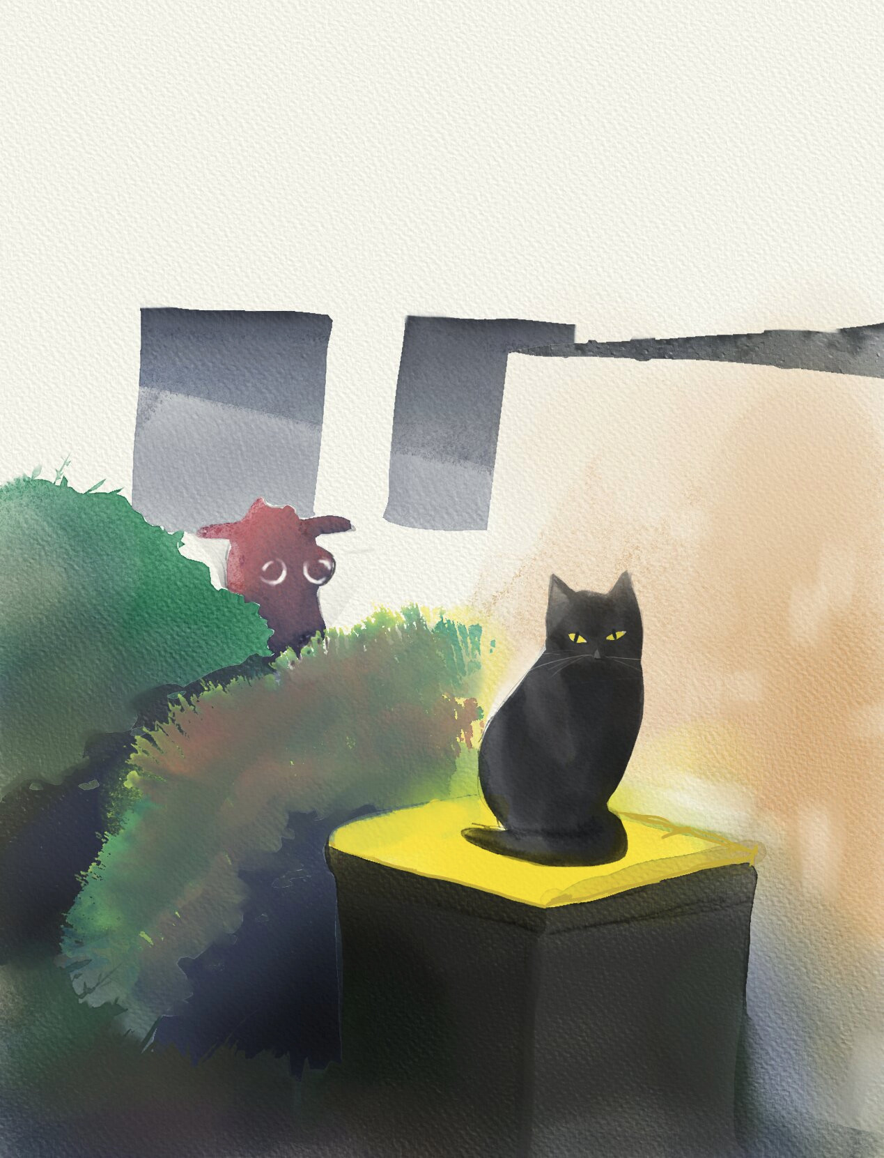 Black cat sitting on a recycling bin being observed by red shadowy figure in the background, hidden behind some bushes.