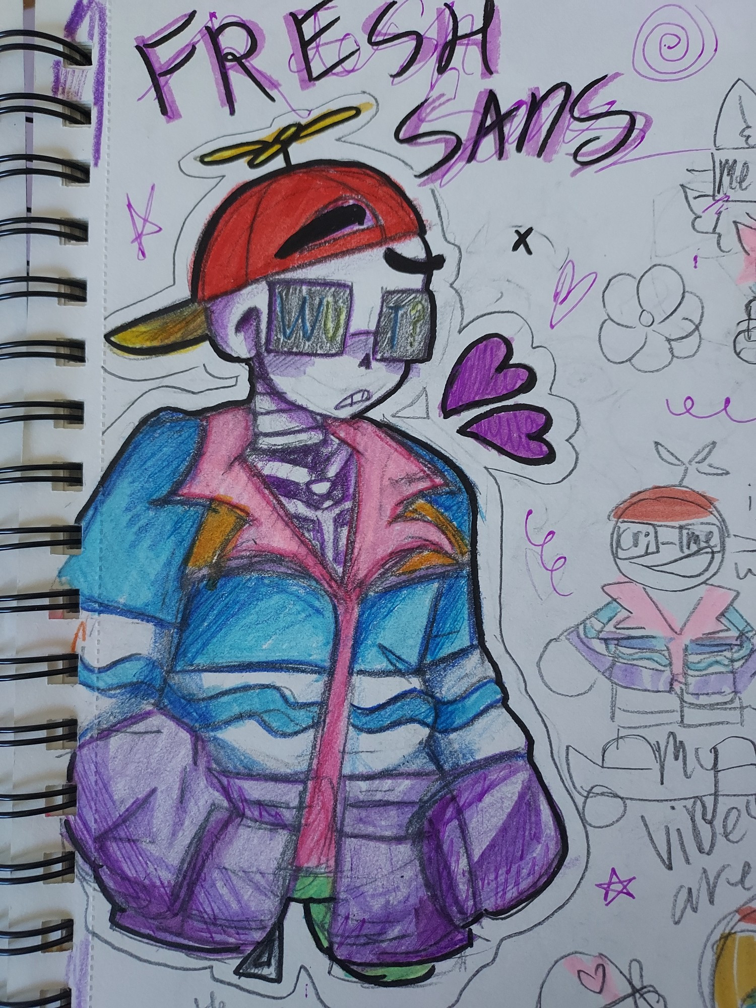 Fresh sans, fully colored in colored pencils, marker and ink pen, looking confused with glasses that read "Wu-t?"