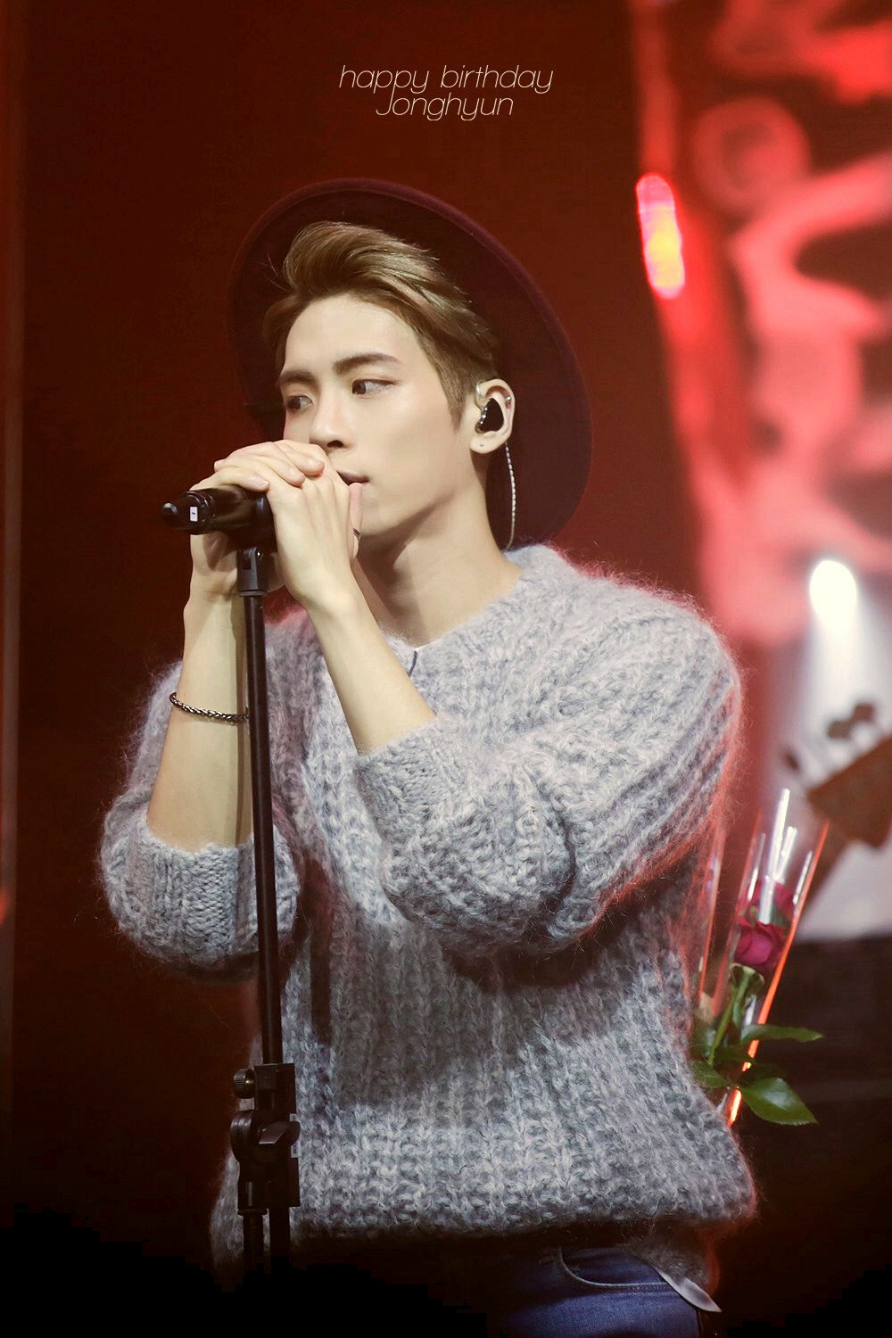 Jonghyun at the mic soft sweater little black hat