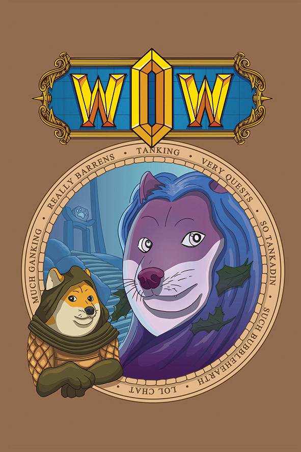 A design mashing up the wow doge meme with the cover of world of Warcraft