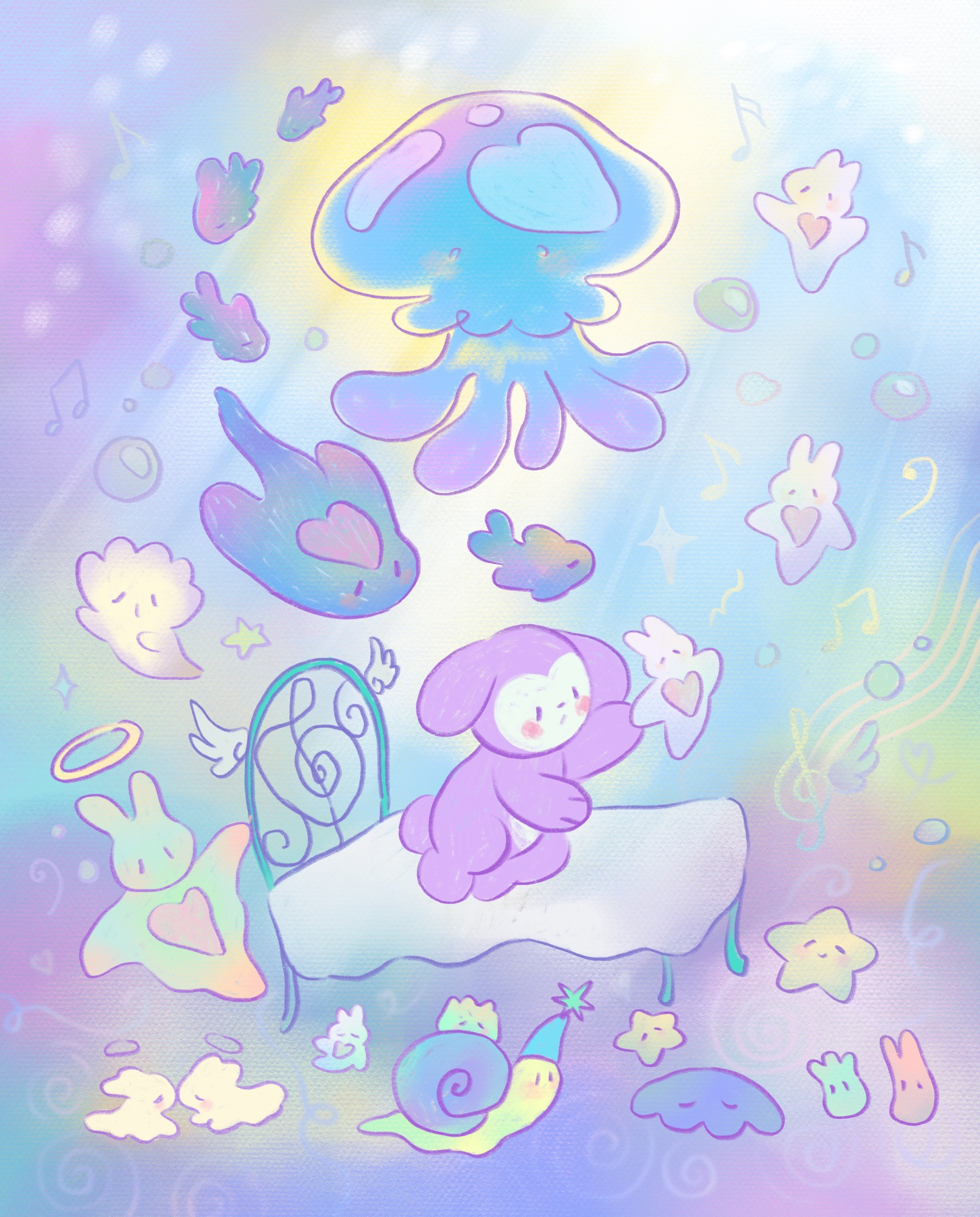 A digital illustration of an underwater scene: at the bottom, a cartoon pink lop eared bunny sits on a floating bed with wings, holding hands with a white sea butterfly with a heart on its chest. This sea butterfly is reaching up toward two more sea butterflies, surrounded by bubbles and music notes. There is a larger, multicolored sea butterfly with a large golden halo holding on to the frame of the bed.

Above the large sea butterfly is a unique looking critter, with a white ghost body and a scalloped head. Below the sea butterfly are two sea bunnies with halos, kissing each other on the ocean floor. To the right of them, the smallest sea butterfly is taking a nap.

Underneath the bed is a large yellow snail with a blue shell wearing a party hat. There is a sleepy looking critter peeking up from behind the snail’s shell. It has a spiky head - like Togepi from Pokémon.

To the right of the snail, there is a sleepy yellow sea star and a blue scallop, two curious corals - one mint and one pink, and a larger, smiling sea star above them.

Above the bed is a large blue and purple jellyfish with small dot eyes. It has a heart-shaped shiny spot on its head. There is a soft heart-shaped glow behind the jellyfish. Surrounding the jellyfish to form a half circle are smaller blue and purple fish, and a large blue manta ray with a heart on its head, with soft pink fins.

The background is multi-colored, with an iridescent quality to it - mostly blues, purples, and some pink and yellows. Surrounding the sea creatures are soft swirls, sparkles, bubbles, music notes, treble clefs, and squiggles.