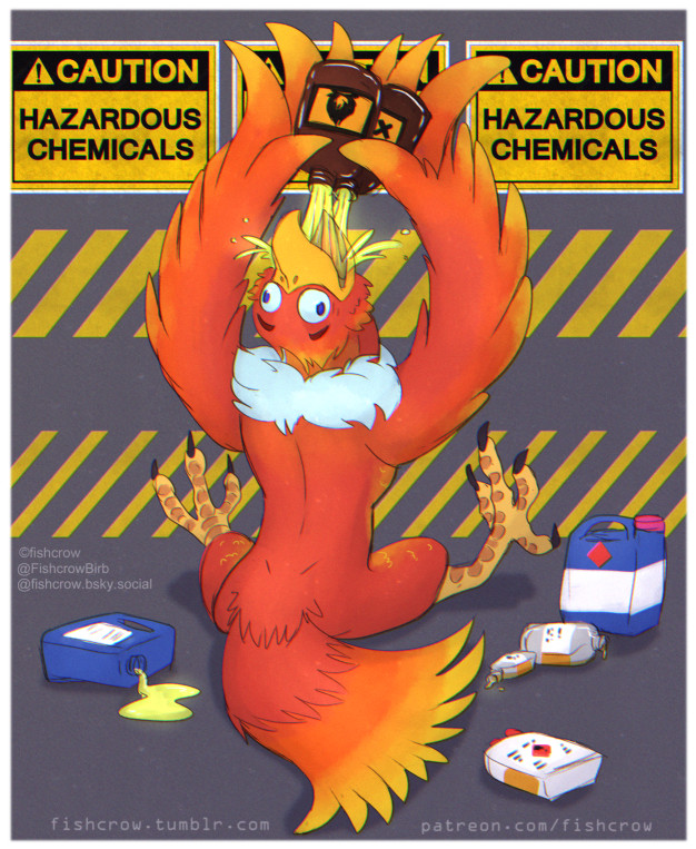 A orange anthro phoenix is sitting on the floor while drinking hazardous chemicals.