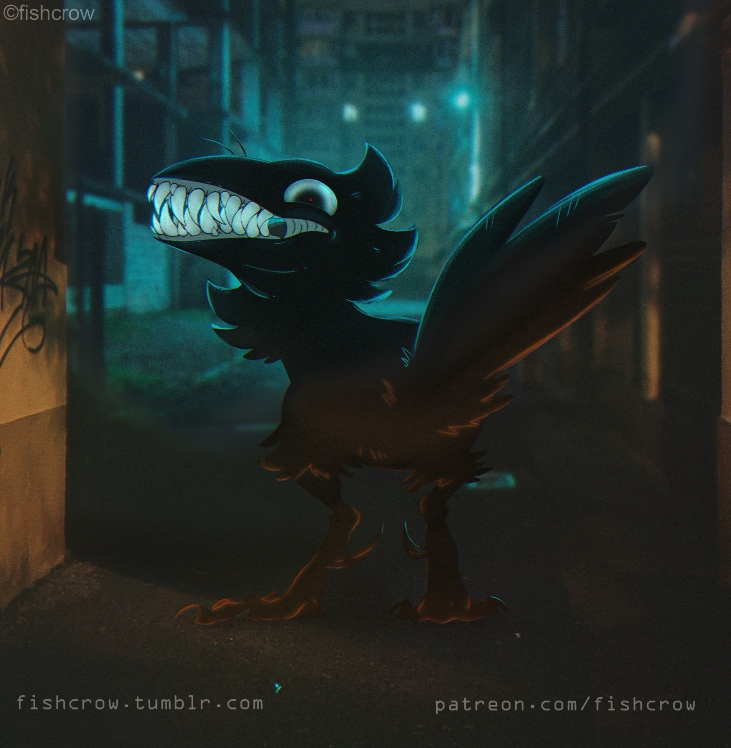 A big toothy crow with sharp teeth is standing in the alleyway blocking the path. 