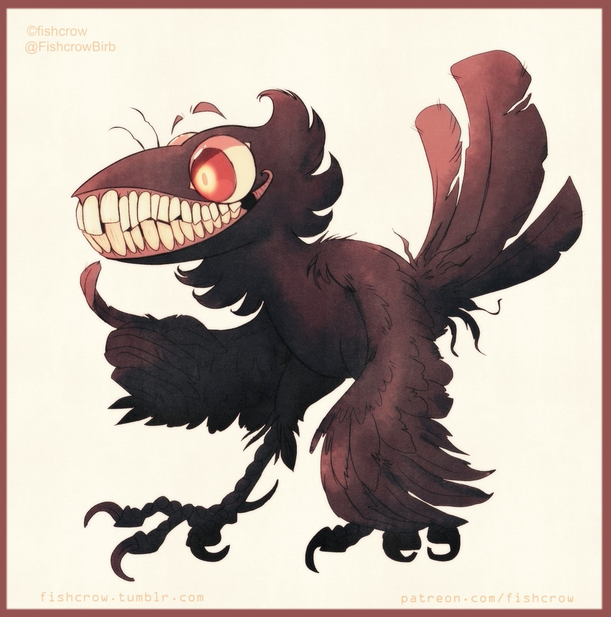 A creppy looking cartoon crow with teeth is staring into the left side.
