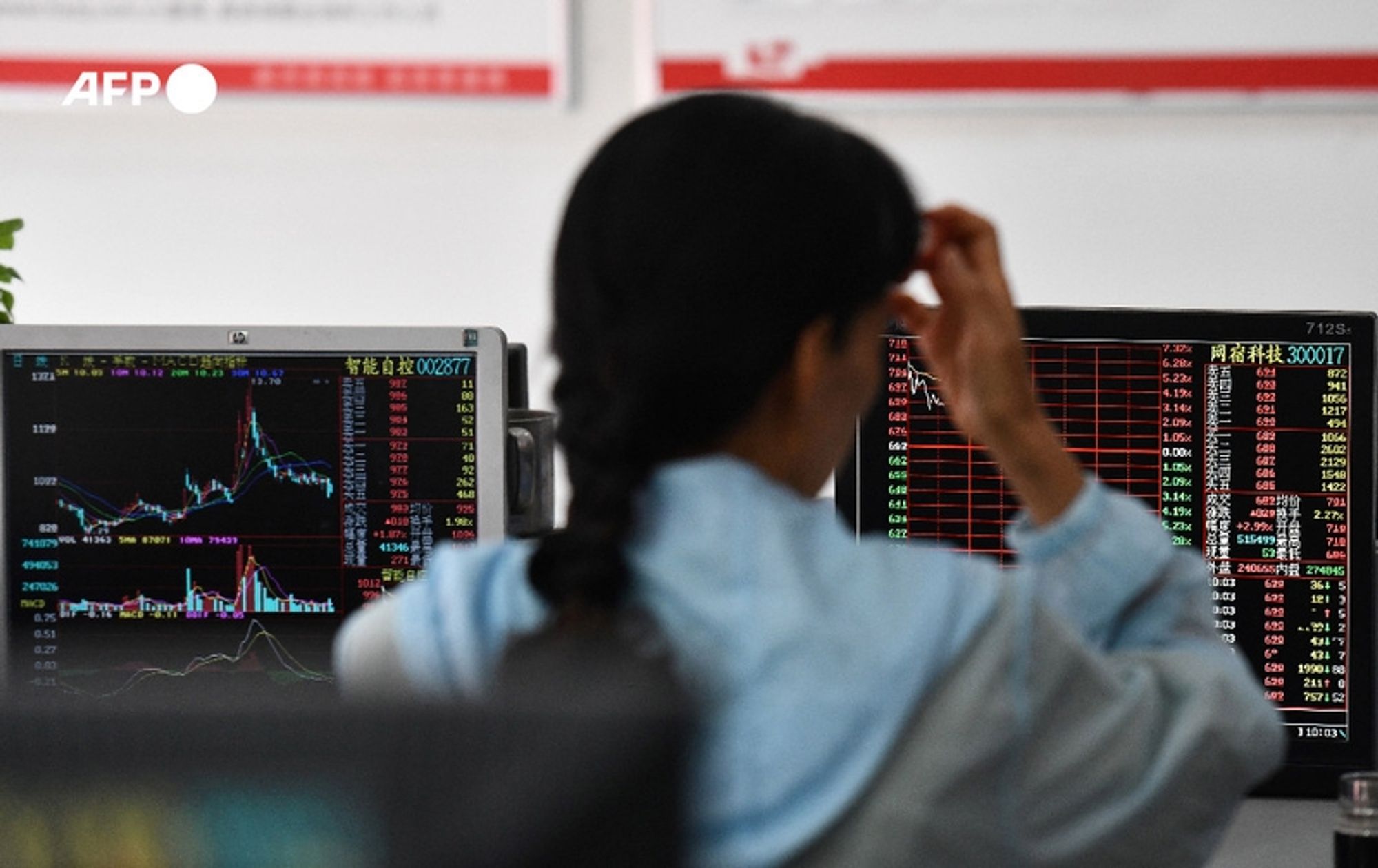 A person sitting at a desk facing multiple computer screens displaying stock market data. The individual, whose back is visible, has dark hair styled in a braid and is wearing a light blue jacket. Their right hand is raised to their forehead, indicating a contemplative or concerned expression. The screens show a variety of colorful charts and graphs, with data including upward and downward trends marked in bright colors like green, red, and blue. The setting appears to be a trading floor or financial office, with minimal decor in the background. The atmosphere suggests a focus on the fluctuating stock market, in the context of the recent surge in mainland China's stock indices.