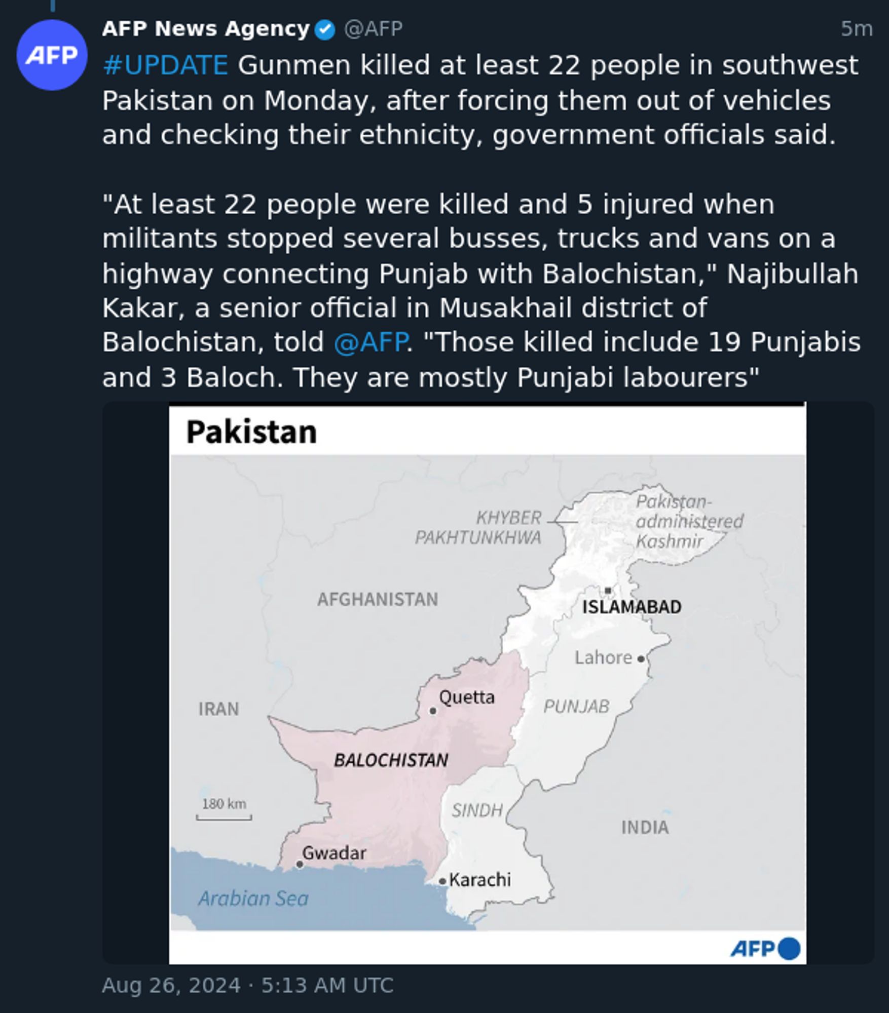 #UPDATE Gunmen killed at least 22 people in southwest Pakistan on Monday, after forcing them out of vehicles and checking their ethnicity, government officials said.

"At least 22 people were killed and 5 injured when militants stopped several busses, trucks and vans on a highway connecting Punjab with Balochistan," Najibullah Kakar, a senior official in Musakhail district of Balochistan, told @AFP. "Those killed include 19 Punjabis and 3 Baloch. They are mostly Punjabi labourers"