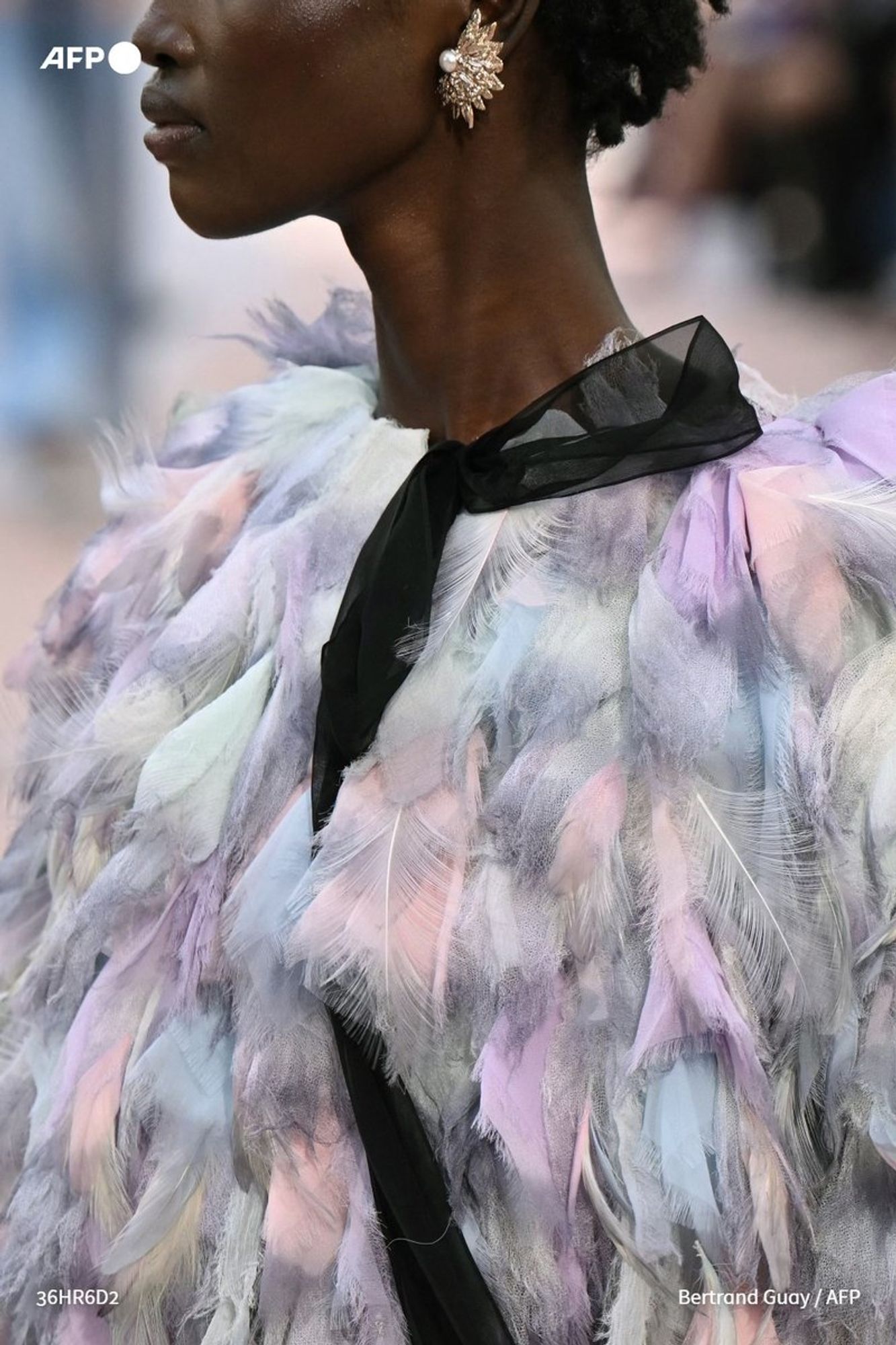 A close-up of a model showcasing a luxurious fashion piece during the Chanel Paris Fashion Week show, which features feathers in soft pastel colors such as lavender, mint green, and blush. The feathers are intricately layered, giving the garment a voluminous and textured appearance. The model's neck is adorned with an elegant black ribbon, while her ear features a statement earring, combining sparkling elements with a round pearl. The background is softly blurred, highlighting the focus on the intricate details of the outfit and the model's profile, which reveals a smooth complexion and a defined jawline. The overall presentation reflects a blend of modern elegance and a nod to the historic grandeur of Chanel's past, reminiscent of the late Karl Lagerfeld's iconic designs.