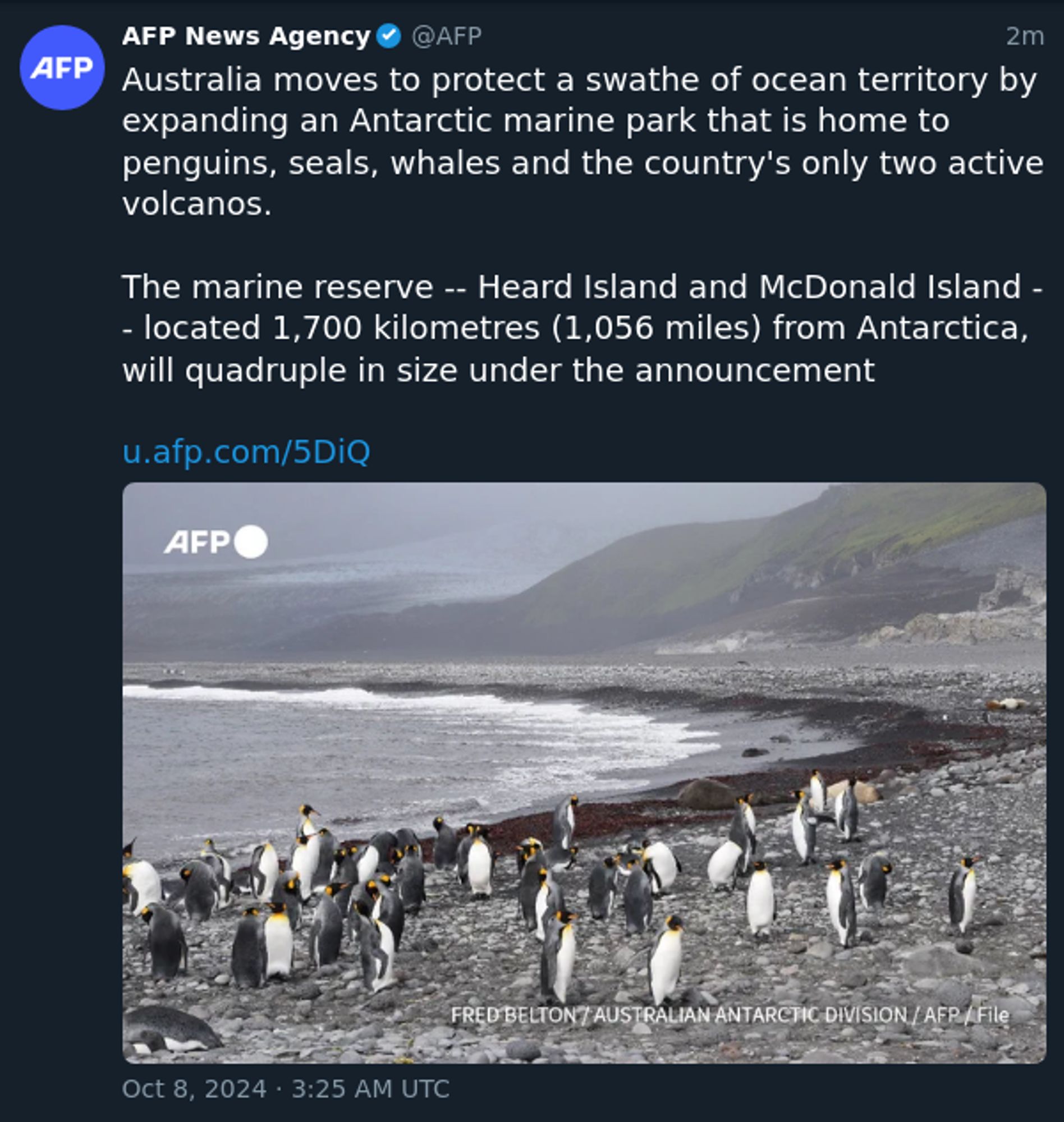 Australia moves to protect a swathe of ocean territory by expanding an Antarctic marine park that is home to penguins, seals, whales and the country's only two active volcanos.

The marine reserve -- Heard Island and McDonald Island -- located 1,700 kilometres (1,056 miles) from Antarctica, will quadruple in size under the announcement