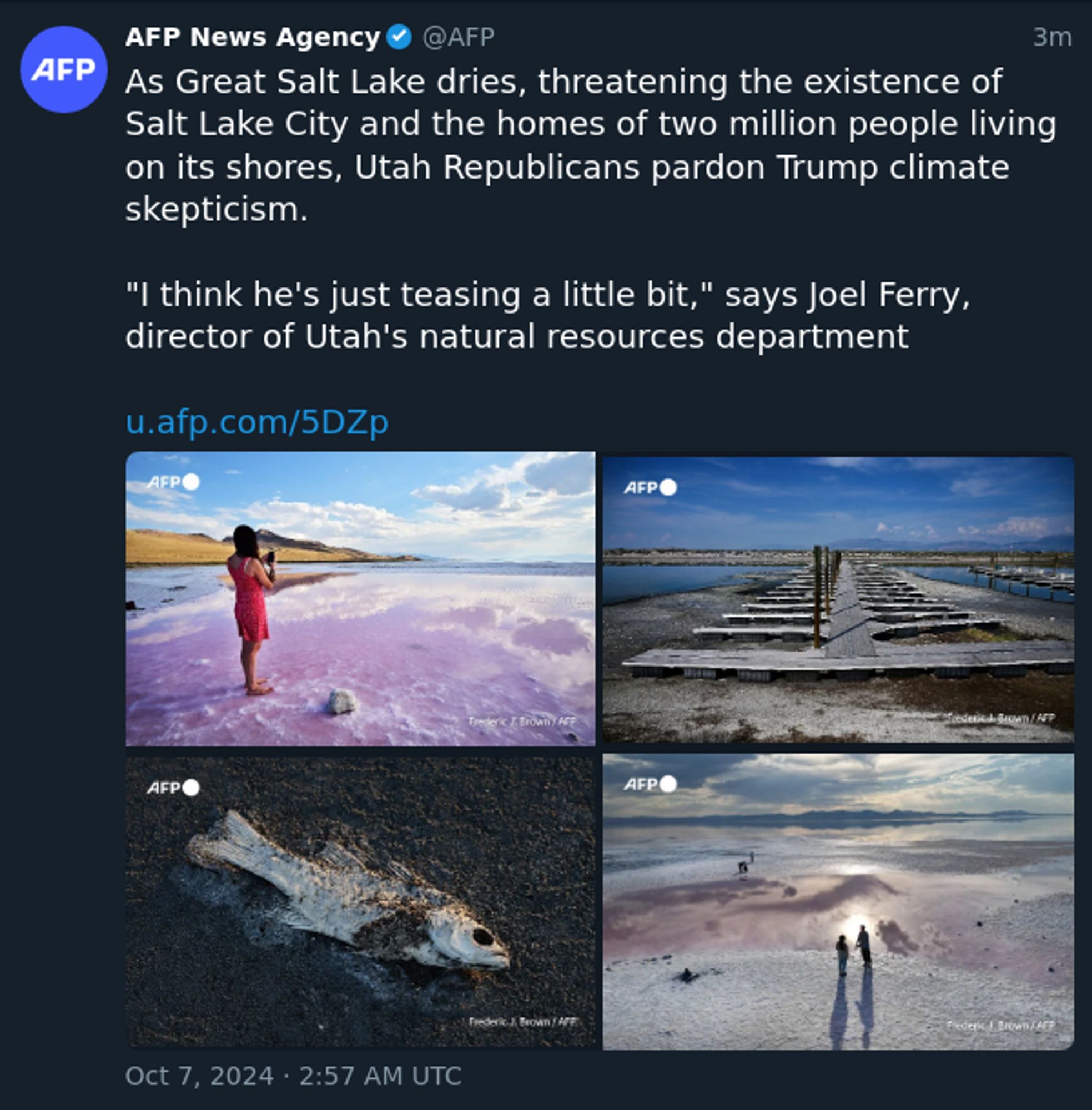 As Great Salt Lake dries, threatening the existence of Salt Lake City and the homes of two million people living on its shores, Utah Republicans pardon Trump climate skepticism.

"I think he's just teasing a little bit," says Joel Ferry, director of Utah's natural resources department