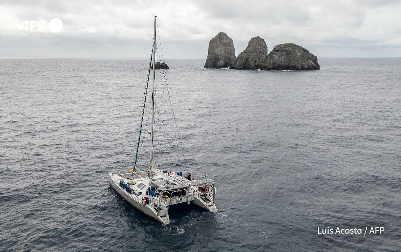 A catamaran named "Silky" navigates the waters surrounding the remote Malpelo Island, which is characterized by rugged terrain and rocky formations. The catamaran is white with blue and green accents, equipped for environmental patrols. Onboard, a small crew can be seen, engaged in monitoring activities. The sky is overcast, and the water appears choppy, reflecting the vulnerability of the surrounding marine ecosystem, which is home to endangered species. In the background, two prominent rock formations rise from the ocean, enhancing the remote and perilous nature of this protected area in the Colombian Pacific. The scene illustrates the ongoing efforts to combat illegal fishing and protect marine life within the reserve.