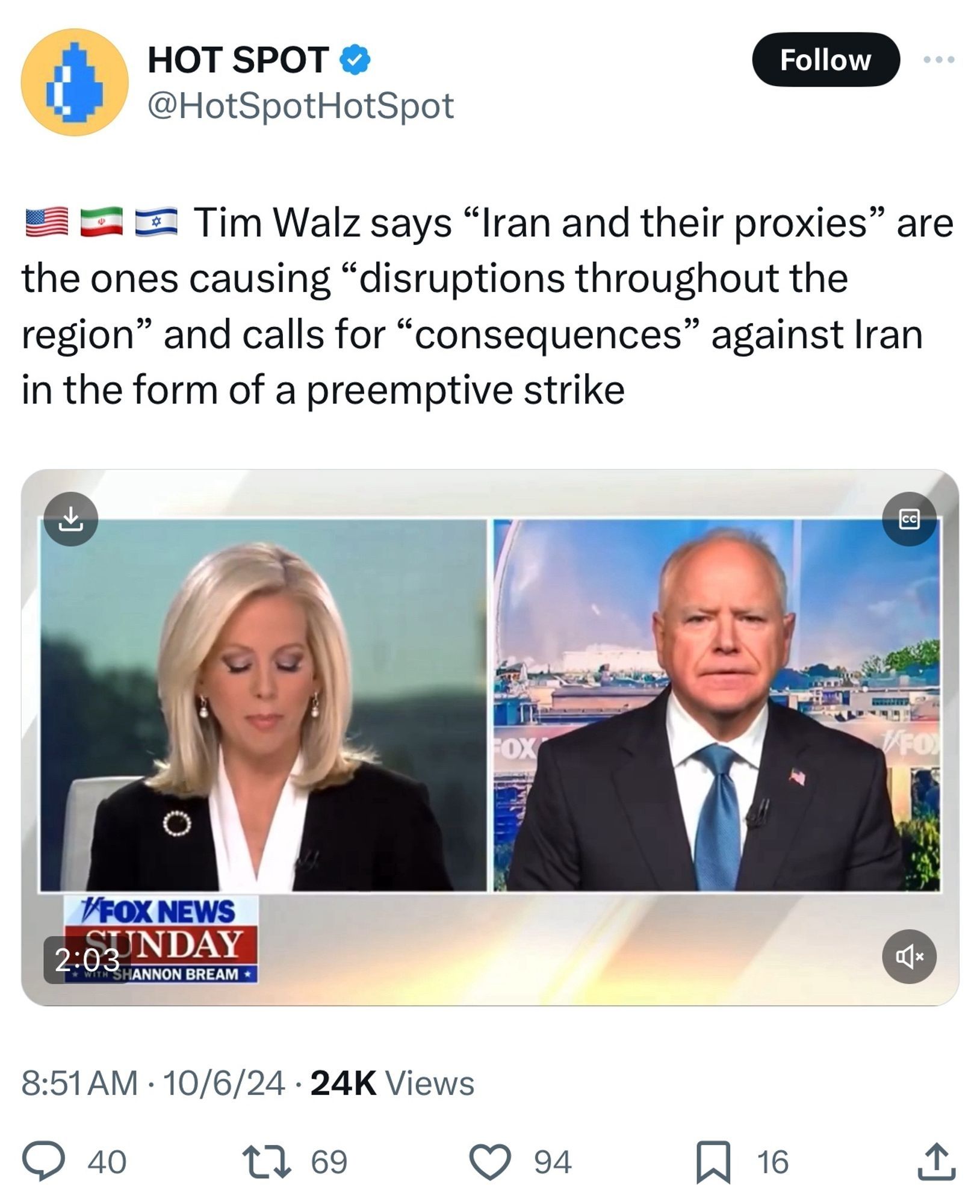 Summary of an interview with Walz calling for a strike against iran