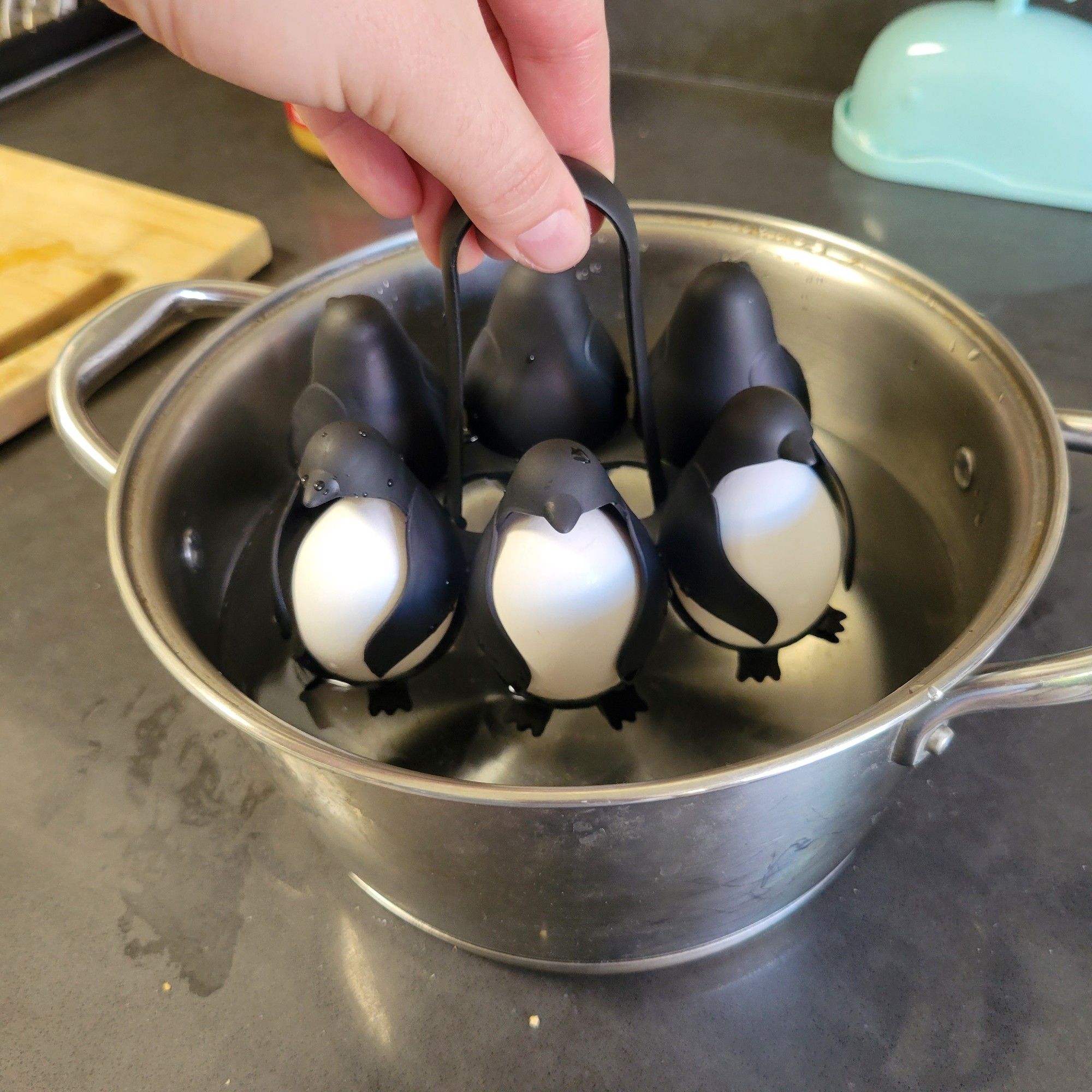 Hand holding a plastic contraption of six black penguin egg holders, with slots to insert the eggs to their bellies. Egguins are being lowered into a pot of water to boil the eggs.