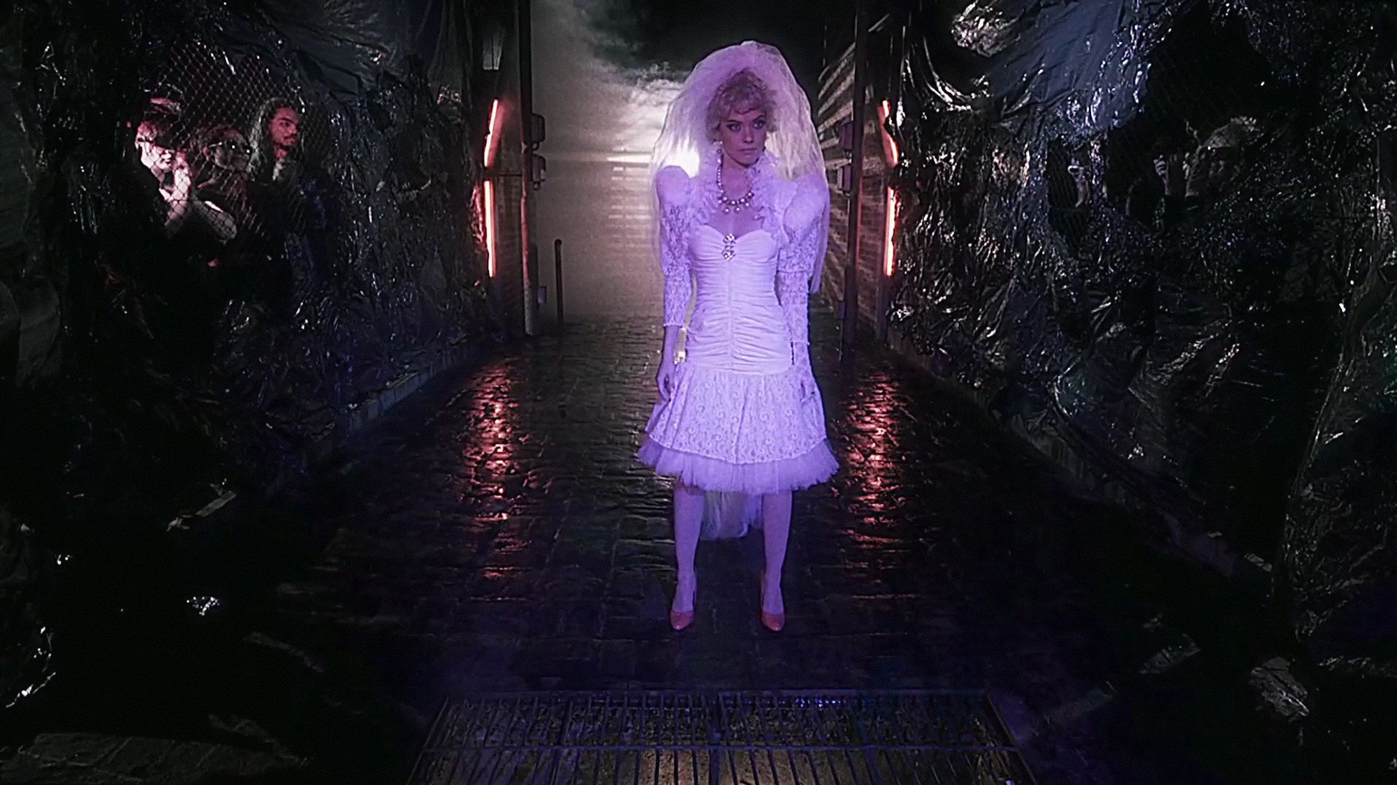 Crystal Eyes (2017) a model in a wedding dress on a deeply '80s alley-looking runway that looks both like a set from The Hunger and Hellraiser