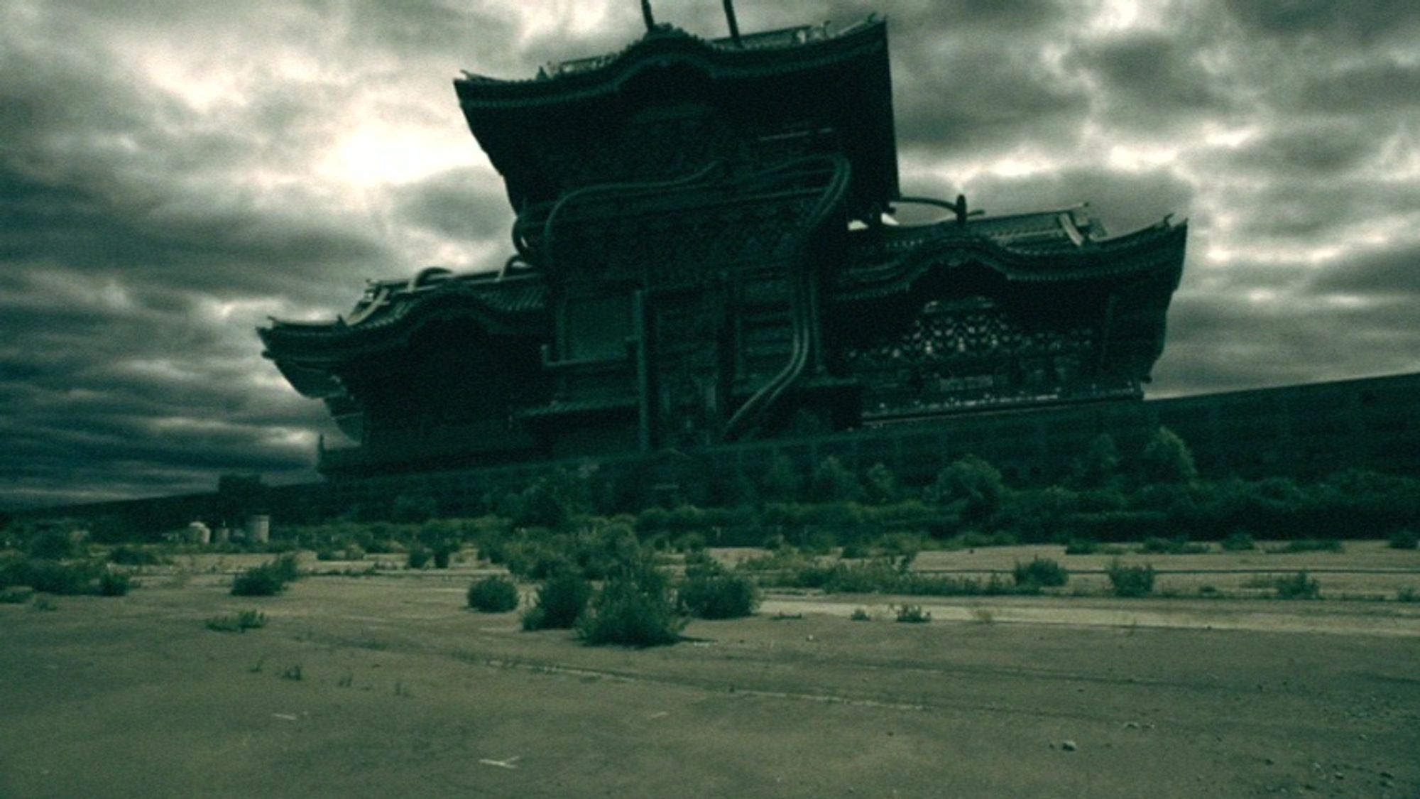 Traditional Japanese temple reworked with cyberpunk pipes and ducts in a tundra landscape