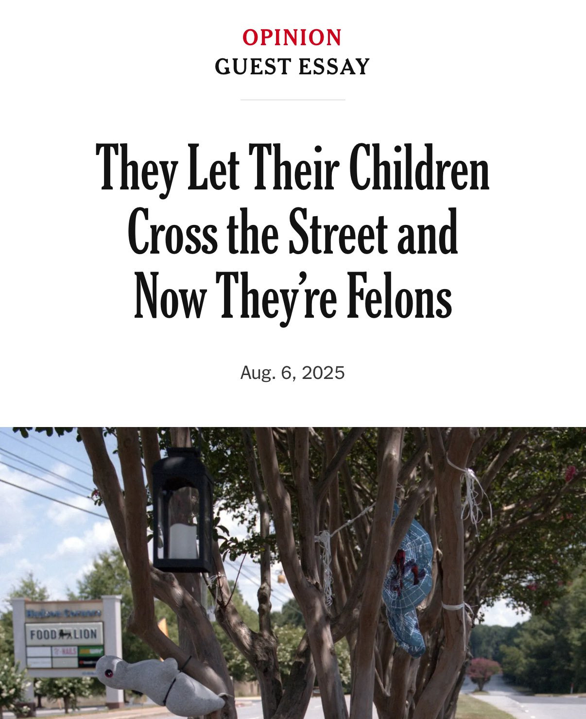 A NYT opinion guest essay with the title "They Let Their Children Cross the Street and Now They're Felons"