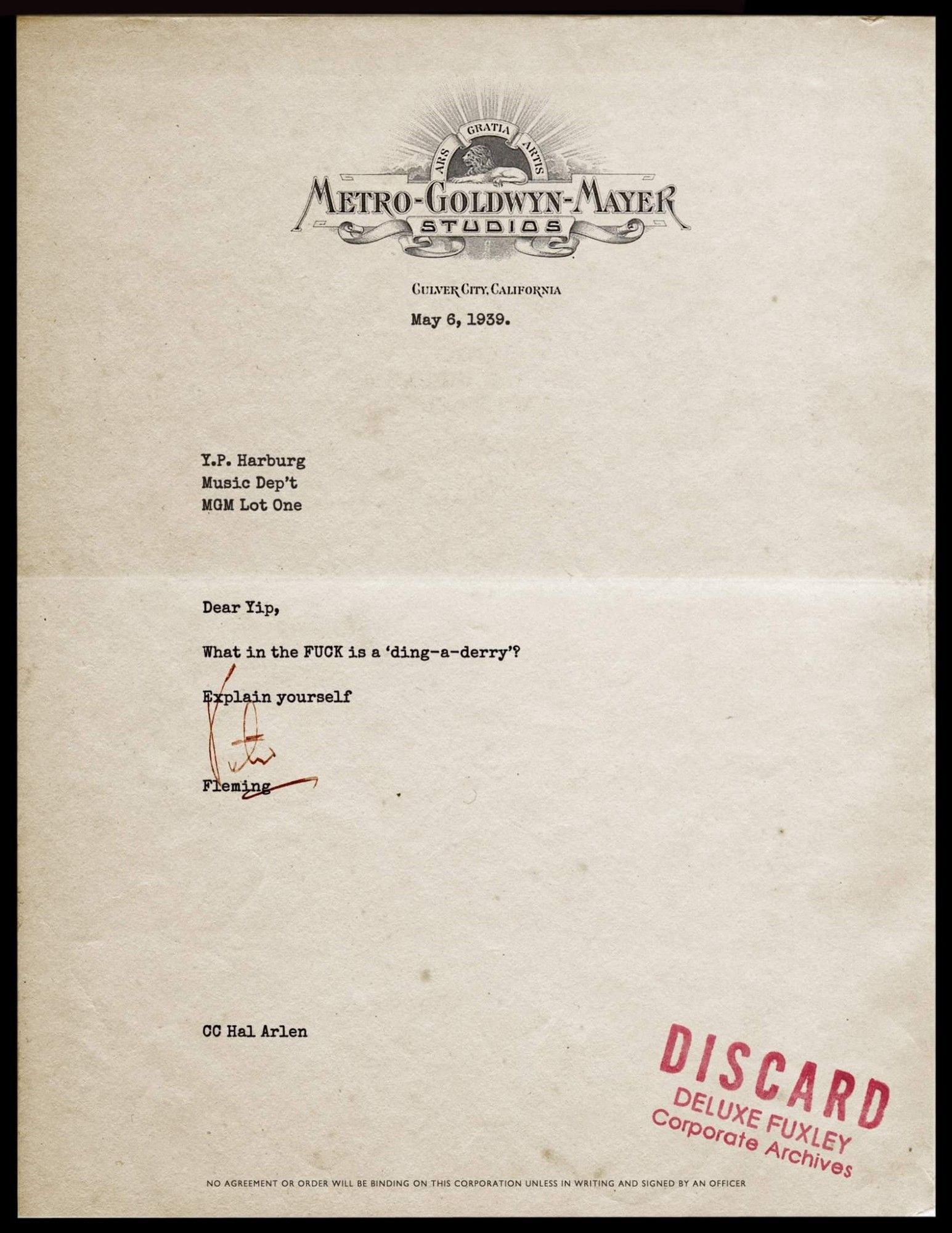 A vintage letter dated 6 May 1939 on MGM studios stationary reading, "Dear Yip, what in the FUCK is a ding-a-derry, explain yourself, Fleming"