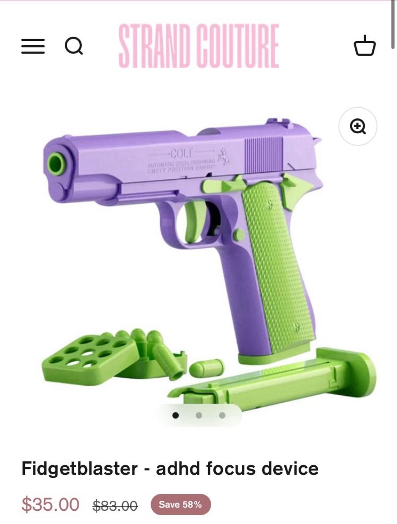 A sale page for a $35 plastic replica of a 1911 pistol called the Fidgetblaster - ADHD focus device at Strand Couture