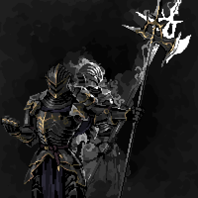 Dark Knight character in black and gold armor holding a halberd off to the side facing the viewer while a shade in their shape holds an ethereal halberd in the background