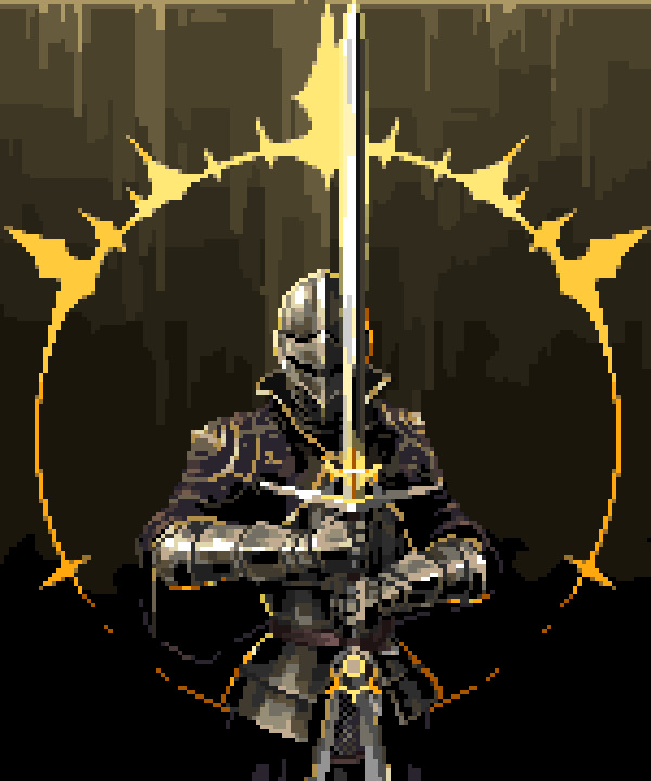 A Knight holding a sword before his face slightly off to the right side, with golden light emanating off of it, a dark cloak draped over his shoulders.