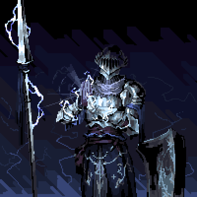 Heavily Armored cleric with their hands together with a spear and shield next to them. Lightning arcing through the scene