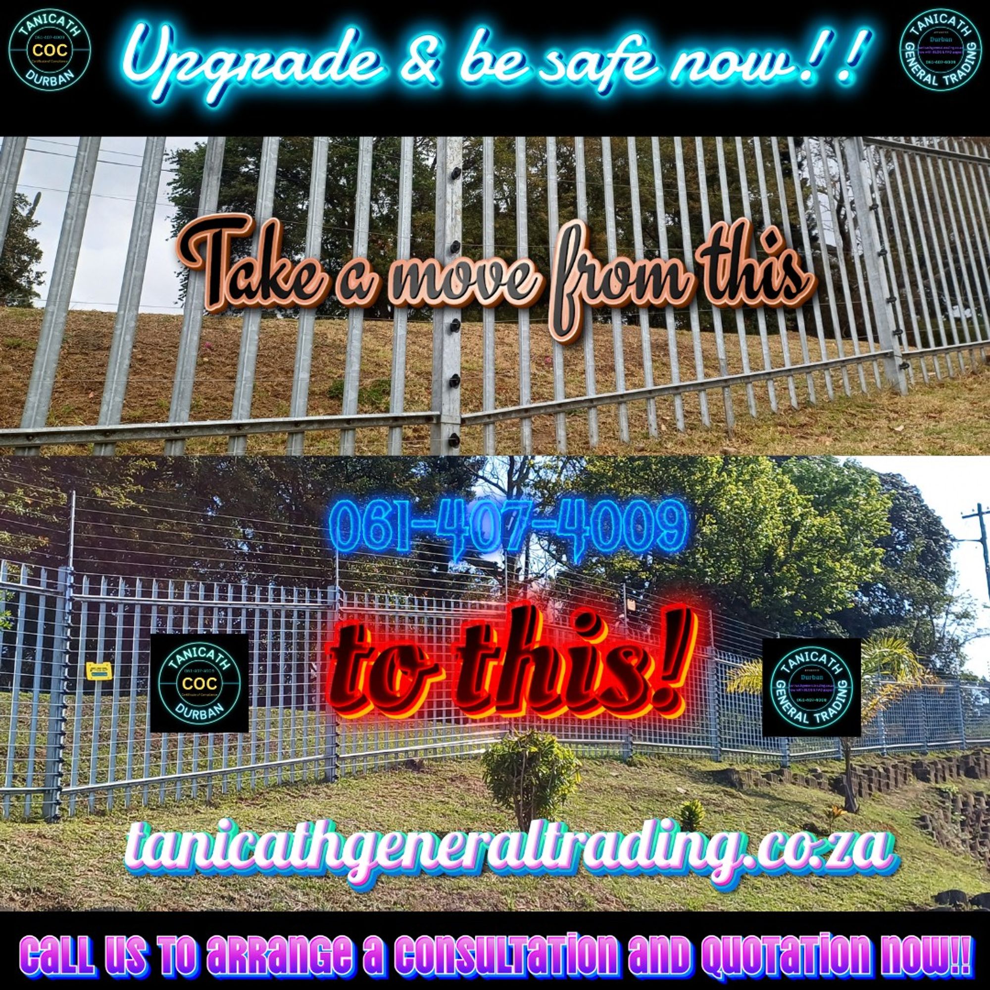 Upgrade and be safe now!
Electric Fence Specialist Durban. coc and monthly maitnenance.
Fully certified and registered and accredited.
Ballito to Durban and South Coast. #nearme #installer #electricfence #securityfencing #nemtek #jva #coc #fence #alarm #alliance #energizer #specialist #estateagent #propertymanagement #monthlymaitnenance #glenwood #ballito #durban #cctv #gatemotor #regal #springfieldpark #securitysuperstore