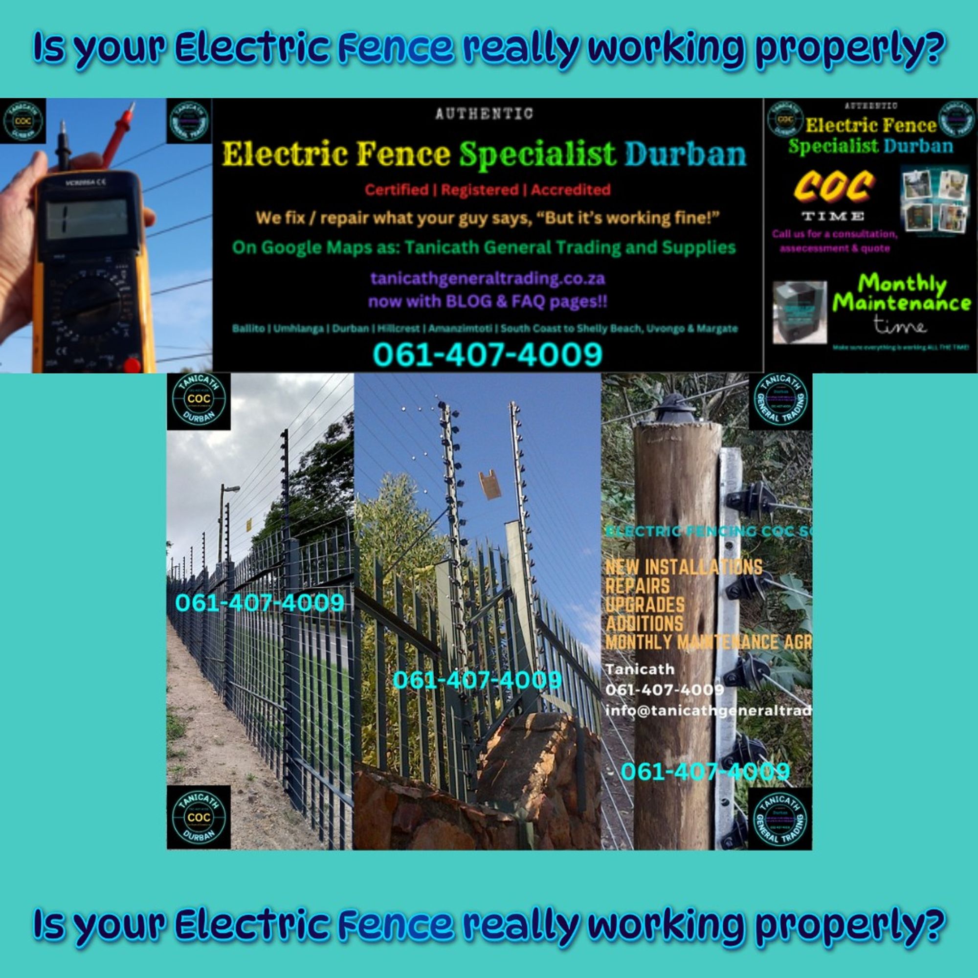 Is your Electric Fence really working? We offer a No Contract Month to Month Monthly Maintenance Agreement.
Visit our website tanicathgeneraltrading.co.za
#durban #ballito #securityfencing #alarm #coc #nemtek #jva #securitysuperstore #springfieldpark #alliance #gatemotor #cctv #specialist #certified #monthly #maintenance #repair #fix #faultfind #certificateofcompliance #glenwood #sparking #arcing #clicking