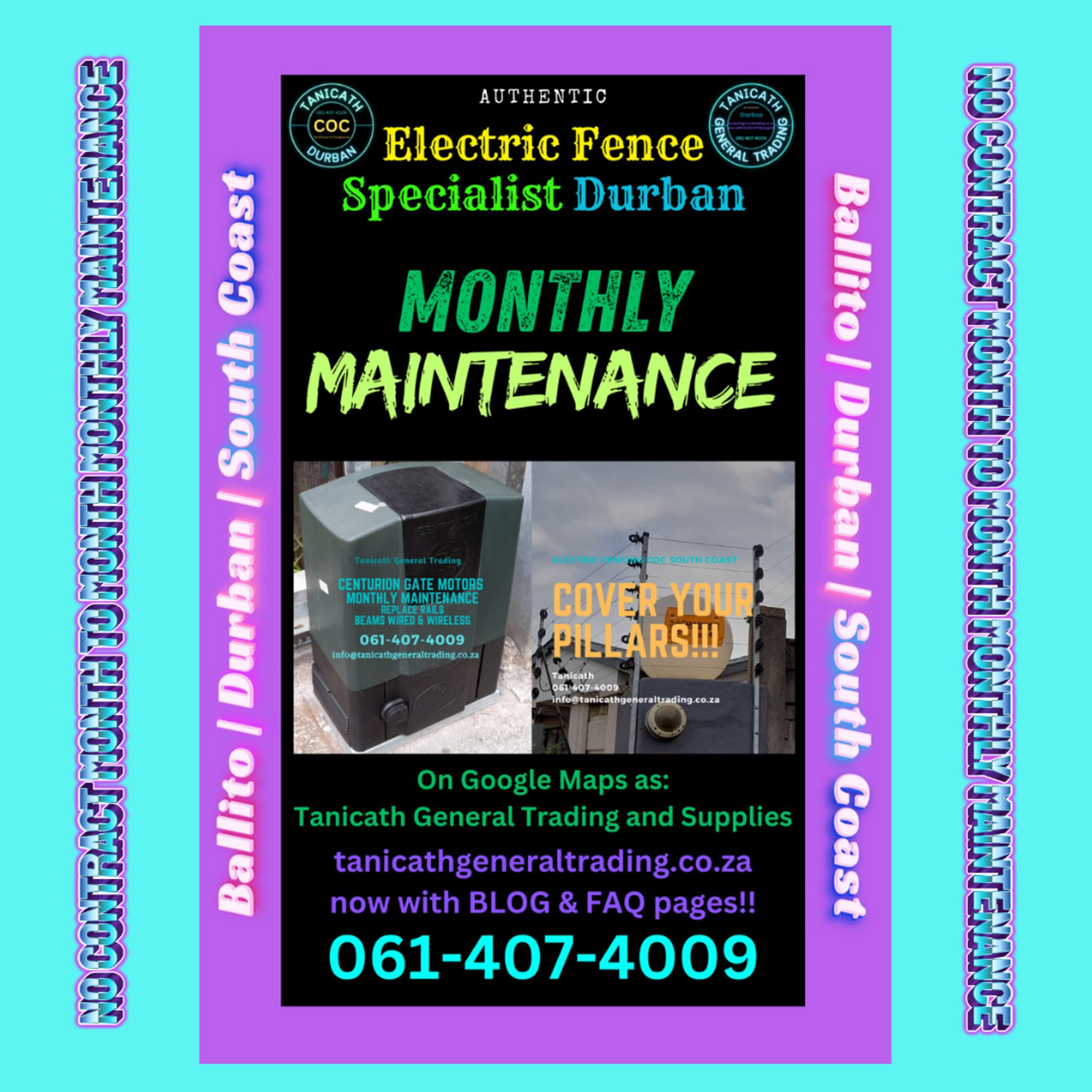 Electric Fence Specialist Durban Monthly Maintenance Agreements save you money, but more importantly make certain that your systems are working correctly all the time, and can't be off longer than the specified / agreed visit intervals eg Monthly, Fortnightly or weekly, even Daily if high risk areas or sites. #securityfencing #electricfence #nearme #installer #nemtek #jva #energizer #repair #fix #faultfind #allianc #electricfencespecialistdurban #ballito #durban #sprinfieldpark #regal #securitysuperstore #stafix #gatemotors #cctv #cameras #IDSalarms #certified #coc