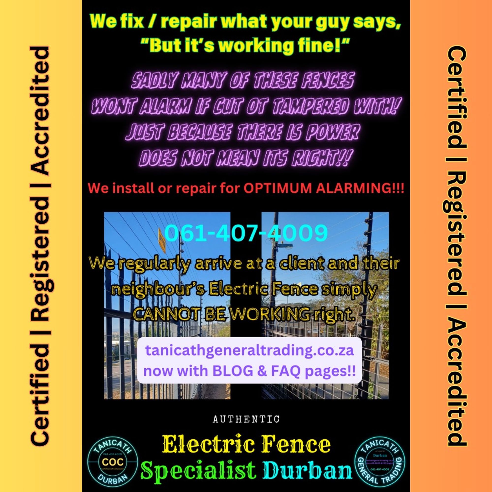 We fix / repair what your guy says, "But ot's working fine!"
Sadly many of these fences won't alarm if cut or tampered with!
Just because there is power does not mean its right!! We install or repair for OPTIMUM ALARMING!!! Electrc Fence Specialist Durban
#securityfencing #electricfence #electricfences #electricfencing #nearme #installer #installernearme #alarm #armedresponse #ballito #umhlanga #coc #property #estateagent #propertymanagement #allianc #homeandgarden #nemtek #jva #stafix #regal #centurion #bot #comax #securitysuperstore #securityhyperstore