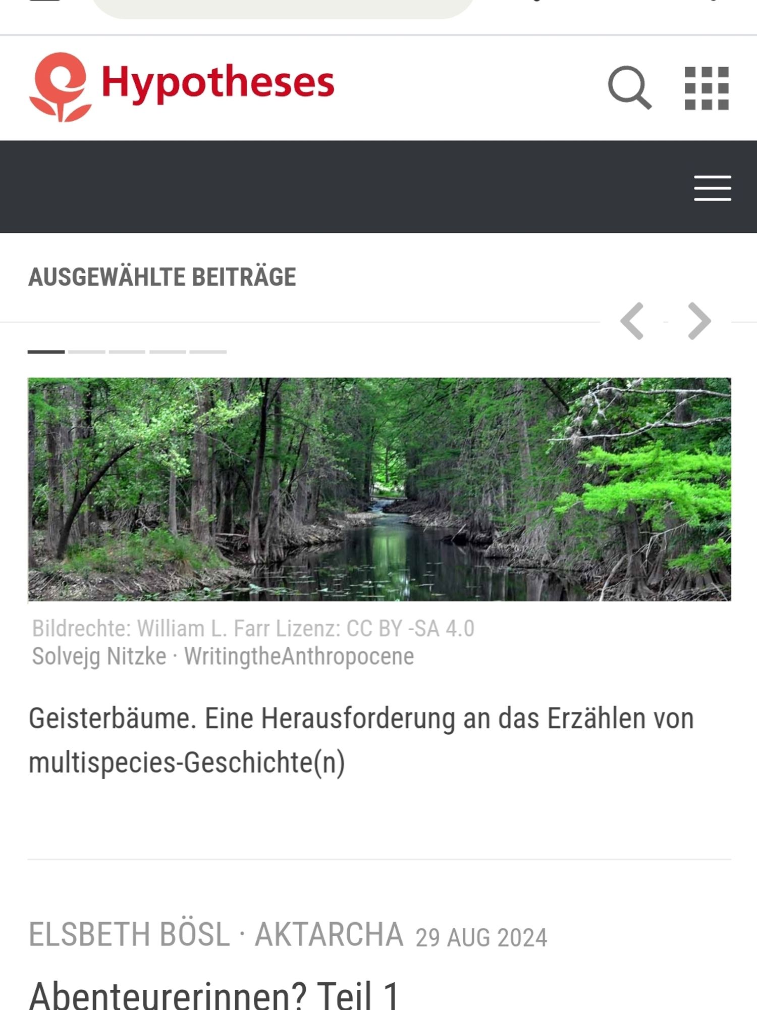 Screenshot der Startseite mit Sumpfzypressen-Foto und Titel "Geisterbäume. Eine Herausforderung an das Erzählen von Multispecies-Geschichte(n)