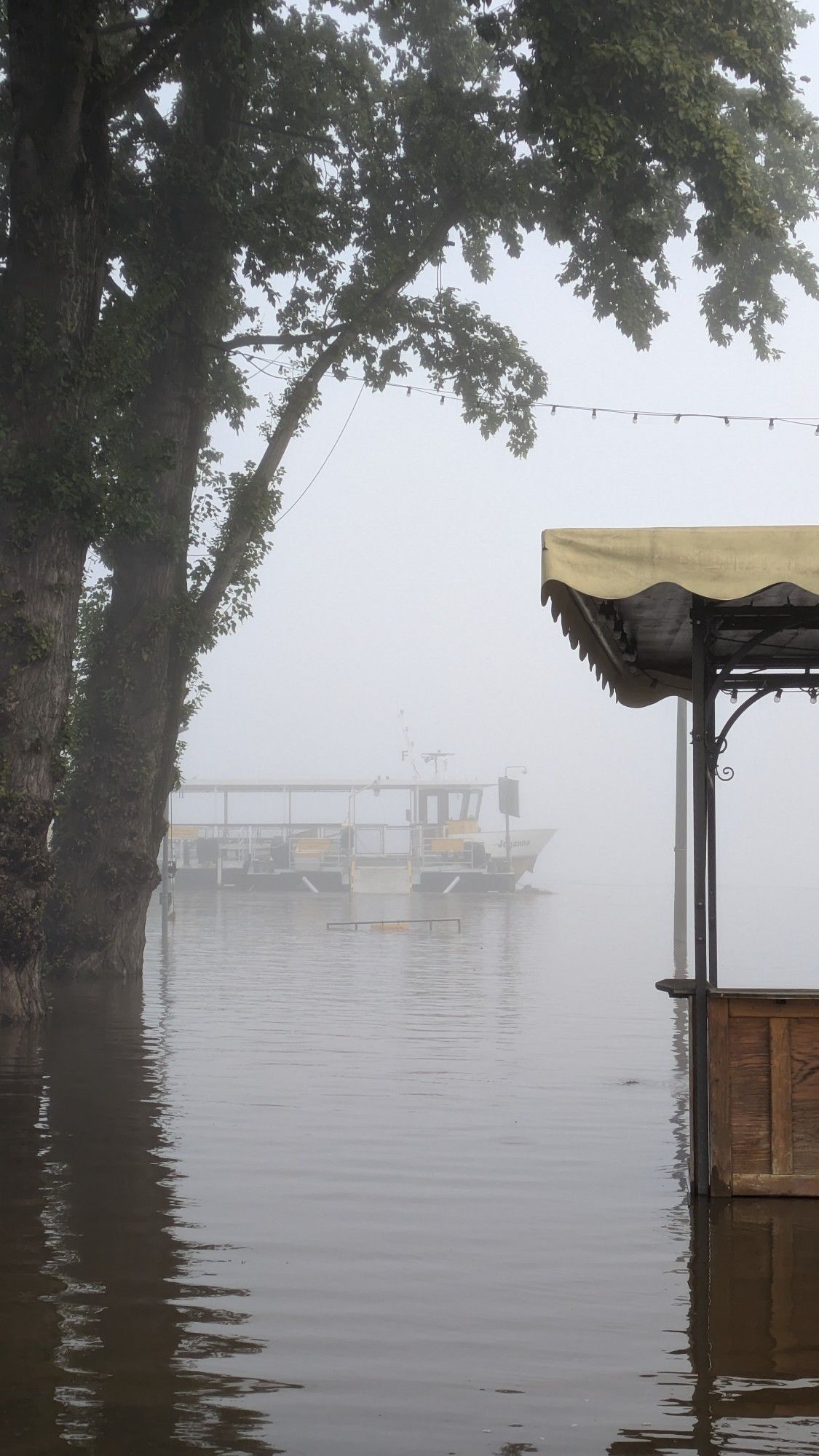 Fähre im Nebel bei Hochwasser