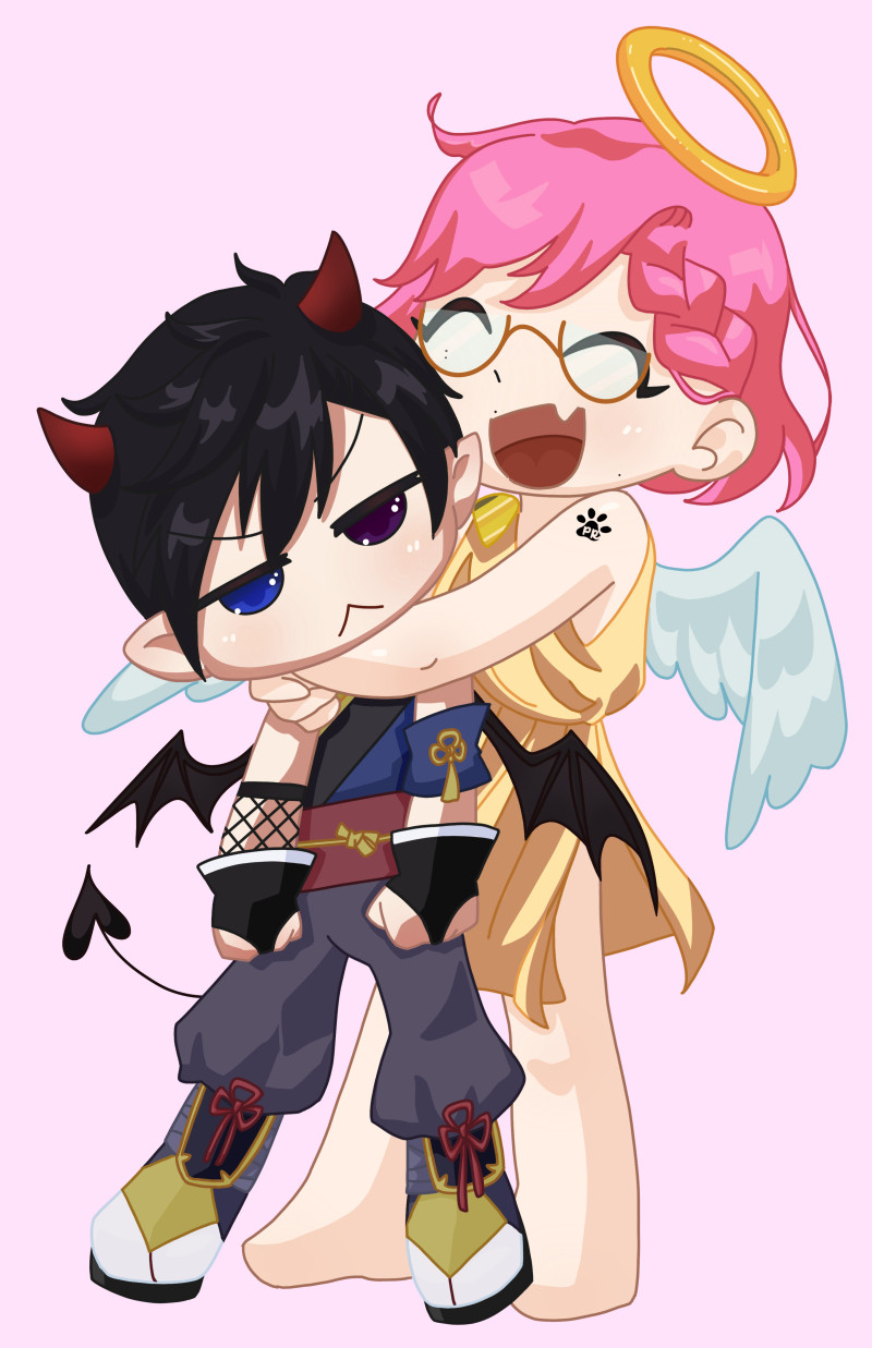 Princess Rosca smiles, wearing an angel costume while holding a grumpy looking Shinobishii wearing devil horns, wings, and tail.