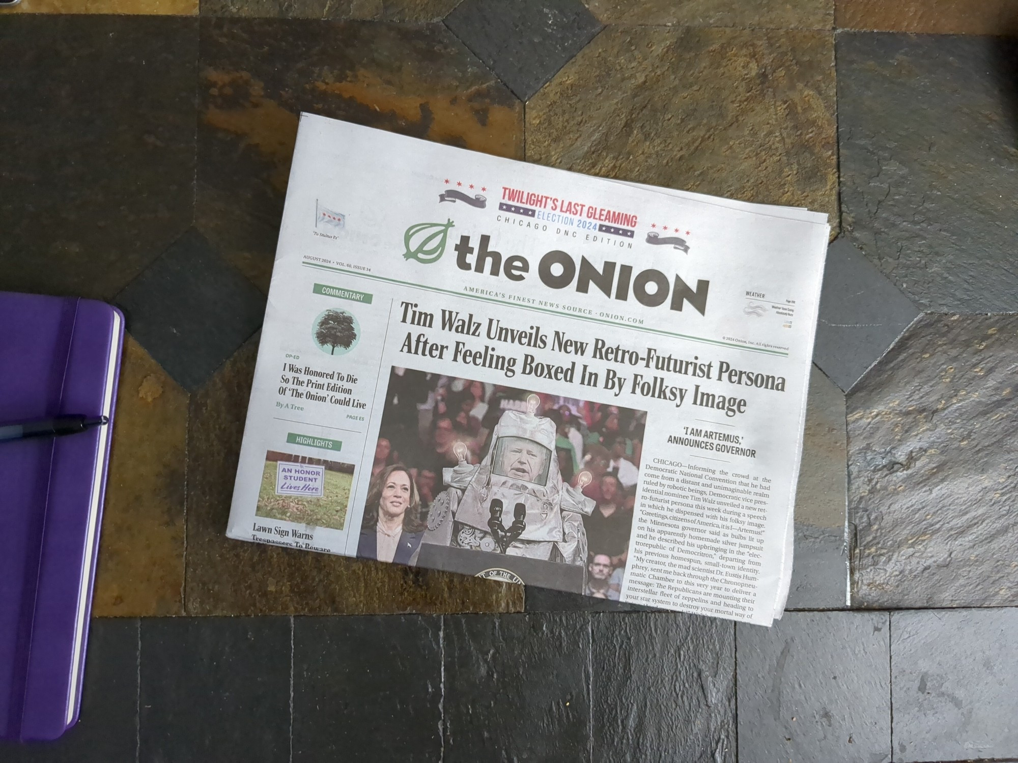 A newsprint edition of The Onion, in the flesh, on my coffee table. I'm likely gonna frame the centerfold