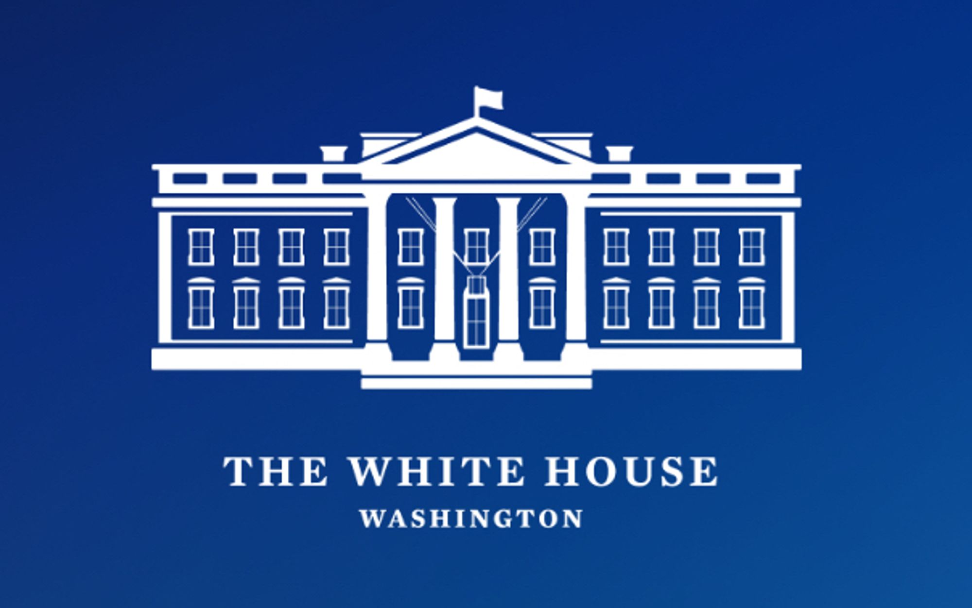 Official white graphic of The White House on a blue background. Text below in white says The White House, Washington