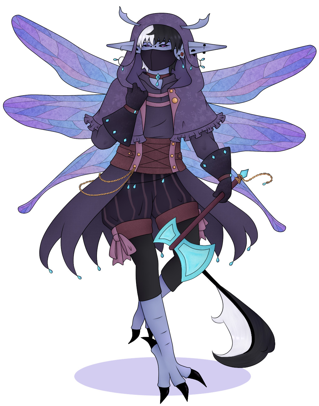 A drawing of Shrine, a purple skinned humanoid with long elf ears, split black and white hair, clawed feet, a plumed tail, and 6 dragonfly-like wings. Its outfit is fairytale-inspired, reminiscent of red riding hood but in purples and plum colours. It holds a diamond axe and is looking to the side. It wears a blue gem choker.