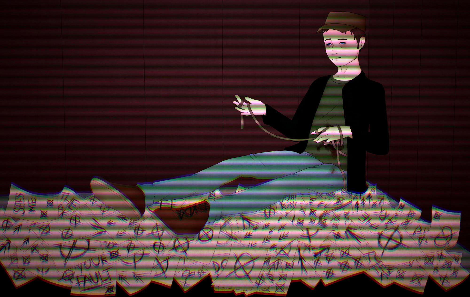 A drawing of Jay from Marble Hornets sitting on the floor in a wood room. The floor is covered in sketchy drawings showing the operator symbol and other small thematic drawings. Jay has a miserable expression, and he appears to be holding camera tape coming from a bleeding wound in his stomach.