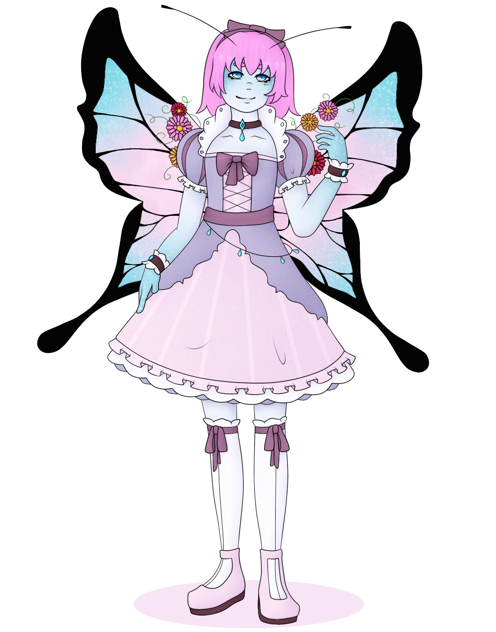 Drawing of Hiyimi, a humanoid with light blue skin, pink hair, and blue eyes. They have long antennae and blue and pink butterfly wings. Their outfit is light pink and lilac, and fairytale inspired, reminiscent of Snow White at the collar. They wear a blue gem choker.