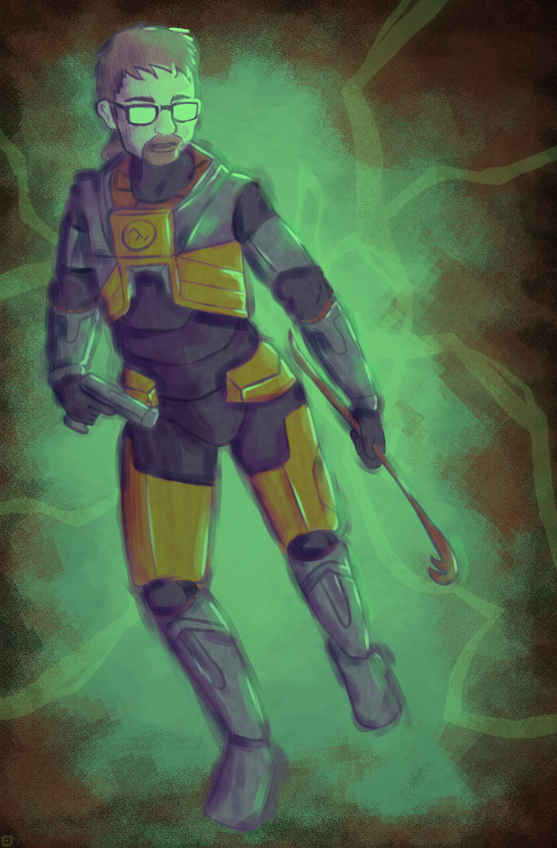 A loose drawing of Gordon Freeman from Half Life, wearing the HEV suit, and holding a crowbar in one hand and a pistol in the other. He is helmetless and his glasses are shining in a way that that can't be seen through. Behind him, a green electrical bloom gives the impression of the Resonance Cascade.