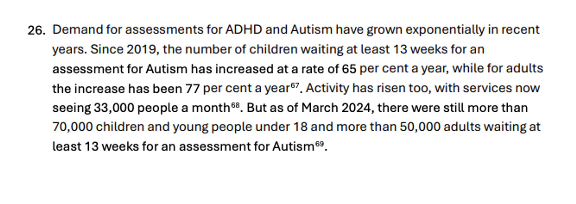 Paragraph 26. Demand for assessments for ADHD and Autism have grown exponentially in recent years. Since 2019, the number of children waiting at least 13 weeks for an assessment for Autism has increased at a rate of 65 per cent a year, while for adults the increase has been 77 per cent a year. Activity has risen too, with services now seeing 33,000 people a month. But as of March 2024, there were still more than 70,000 children and young people under 18 and more than 50,000 adults waiting at least 13 weeks for an assessment for Autism.