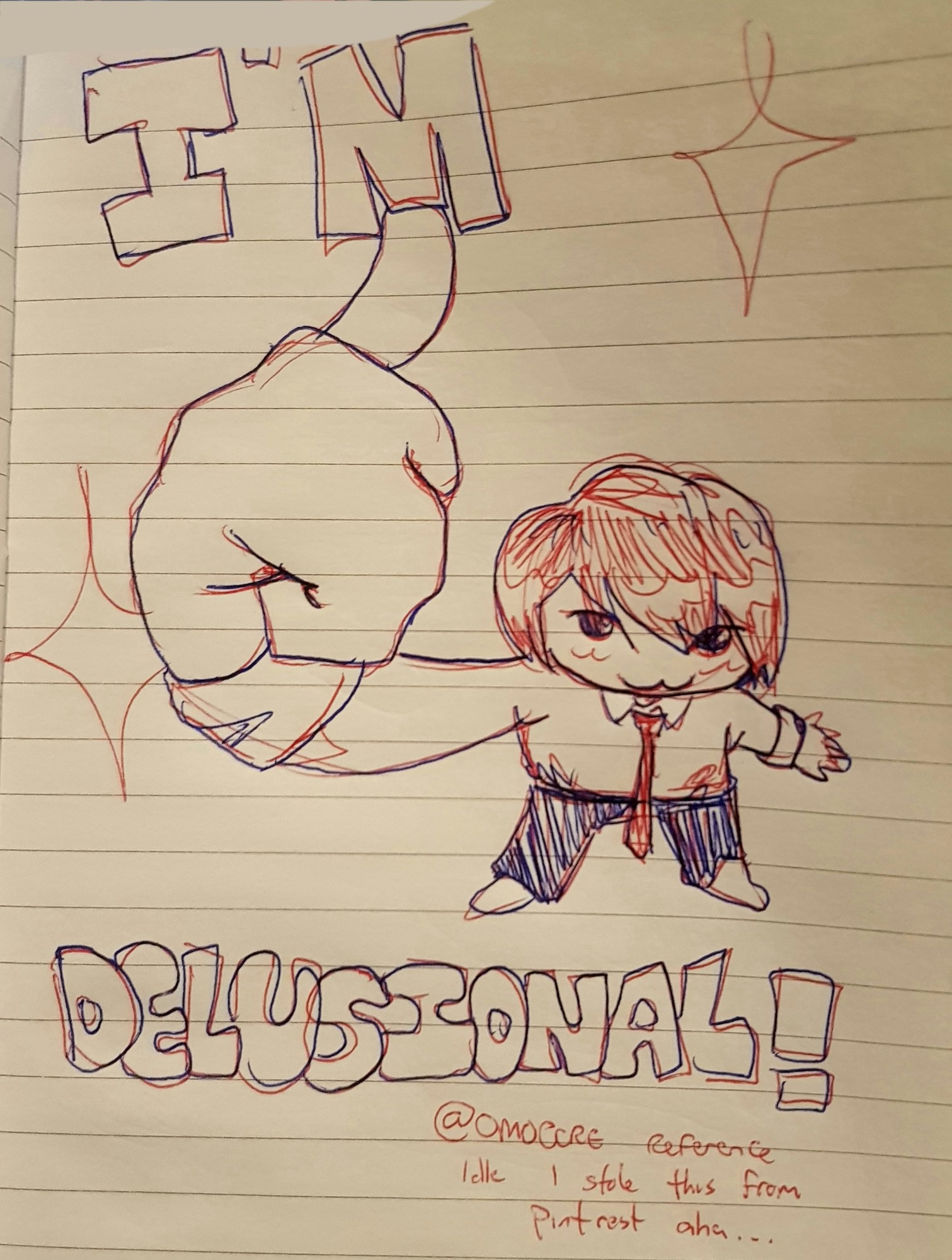 Chibi drawing of Light Yagami with a big thumbs up captioned "Im Delusional!" With sparkles draw in the background. Artists note says "at omocore reference, I dont know I stole this from pintrest."