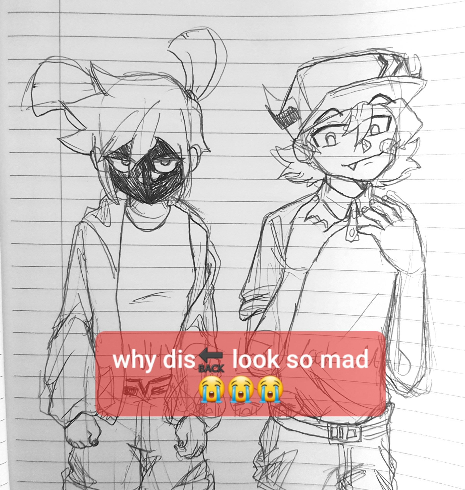 Drawing of angry looking deedee standing next to a chill looking damian, captioned "why this arrow pointing back emoji look so mad three crying emojis". 