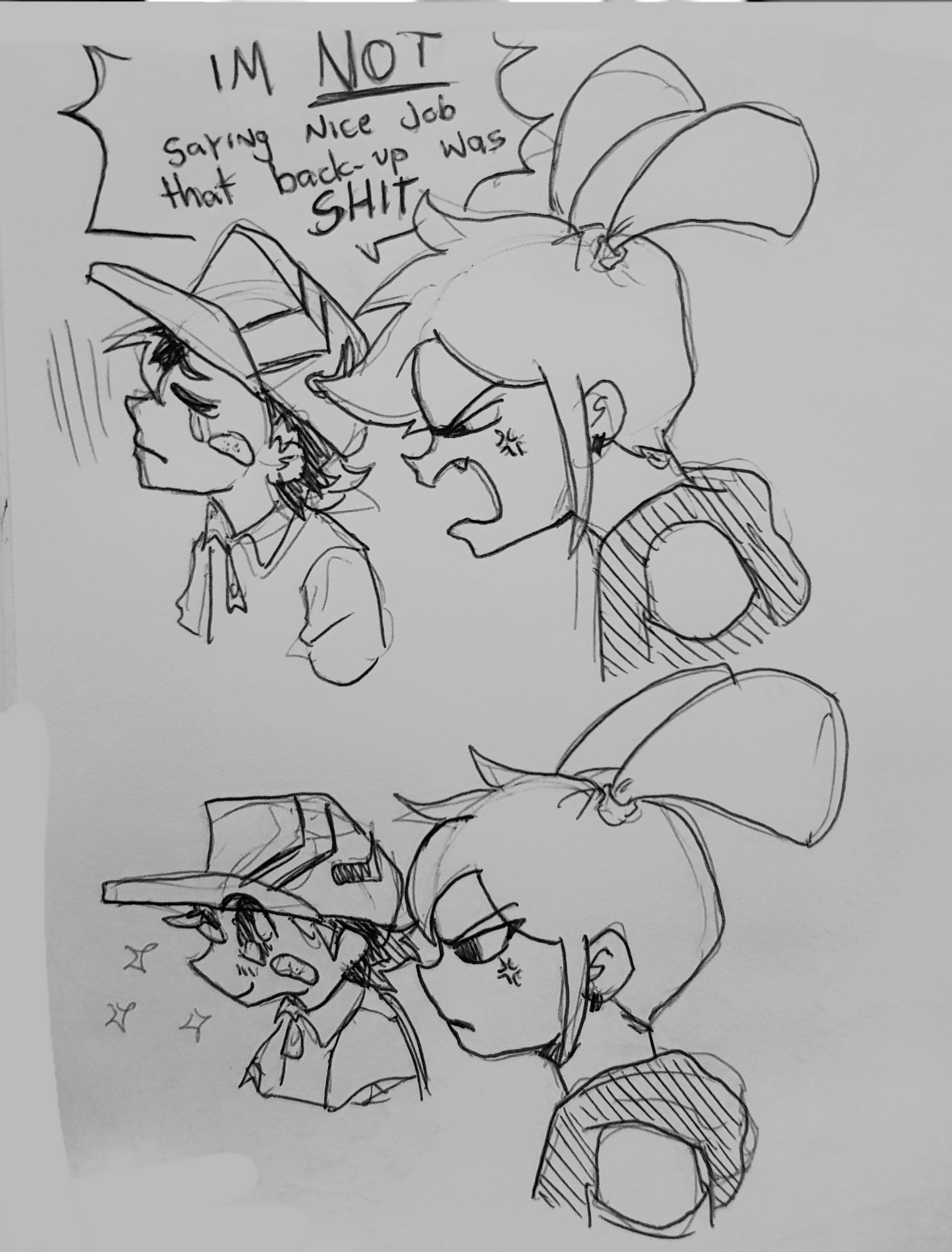 2 Drawings of damian standing next to dee dee in profile shot. In the top one Deedee angrily says "Im not saying nice job that back-up was shit!!!" While damian looks dejected. On the bottom damian looks starrey-eyed at deedee who looks mildly angry. The original drawing being referenced is by user SweepSwoop_ on twitter