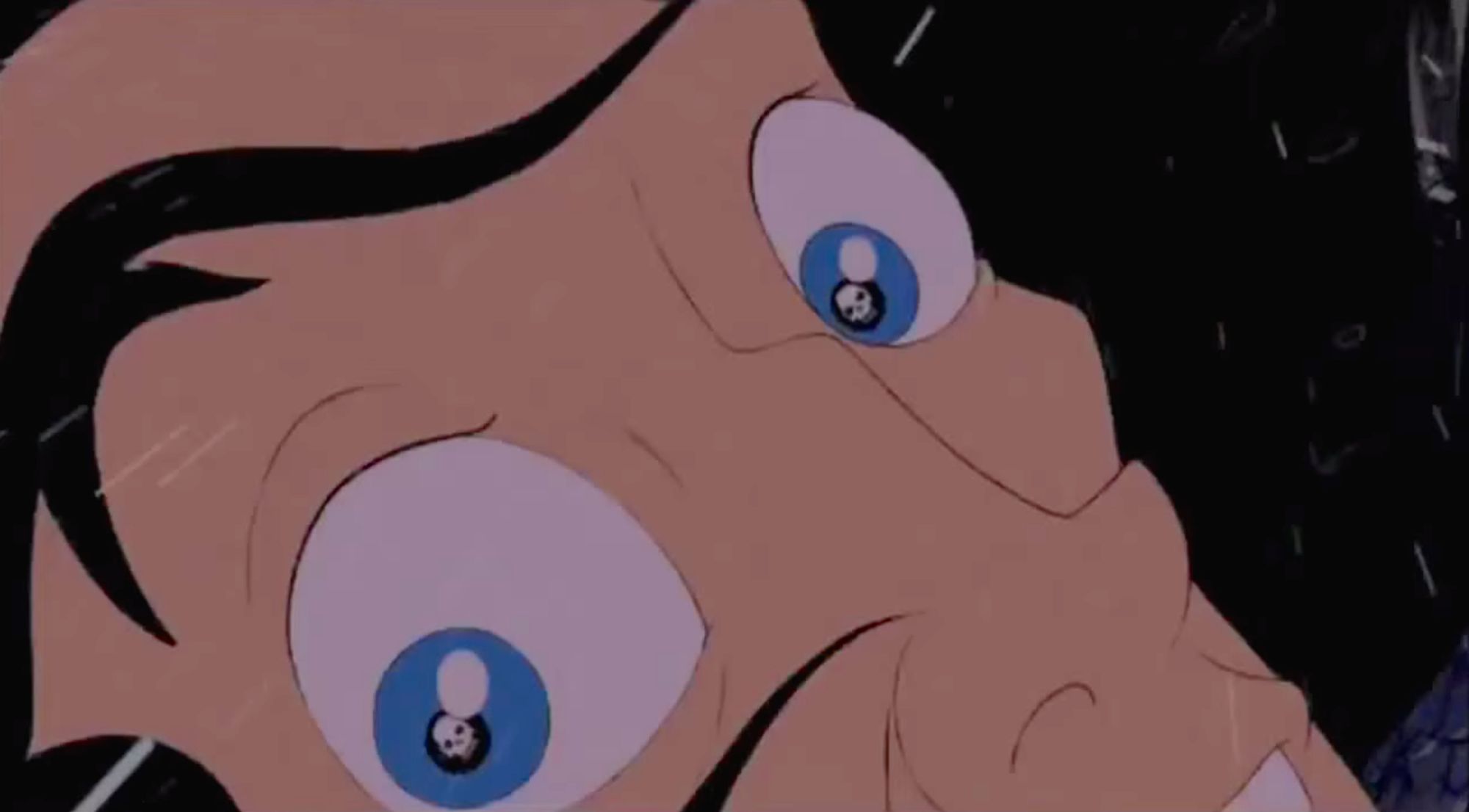 Frame from BATB showing the last frame when Gaston has skulls in his eyes while falling.