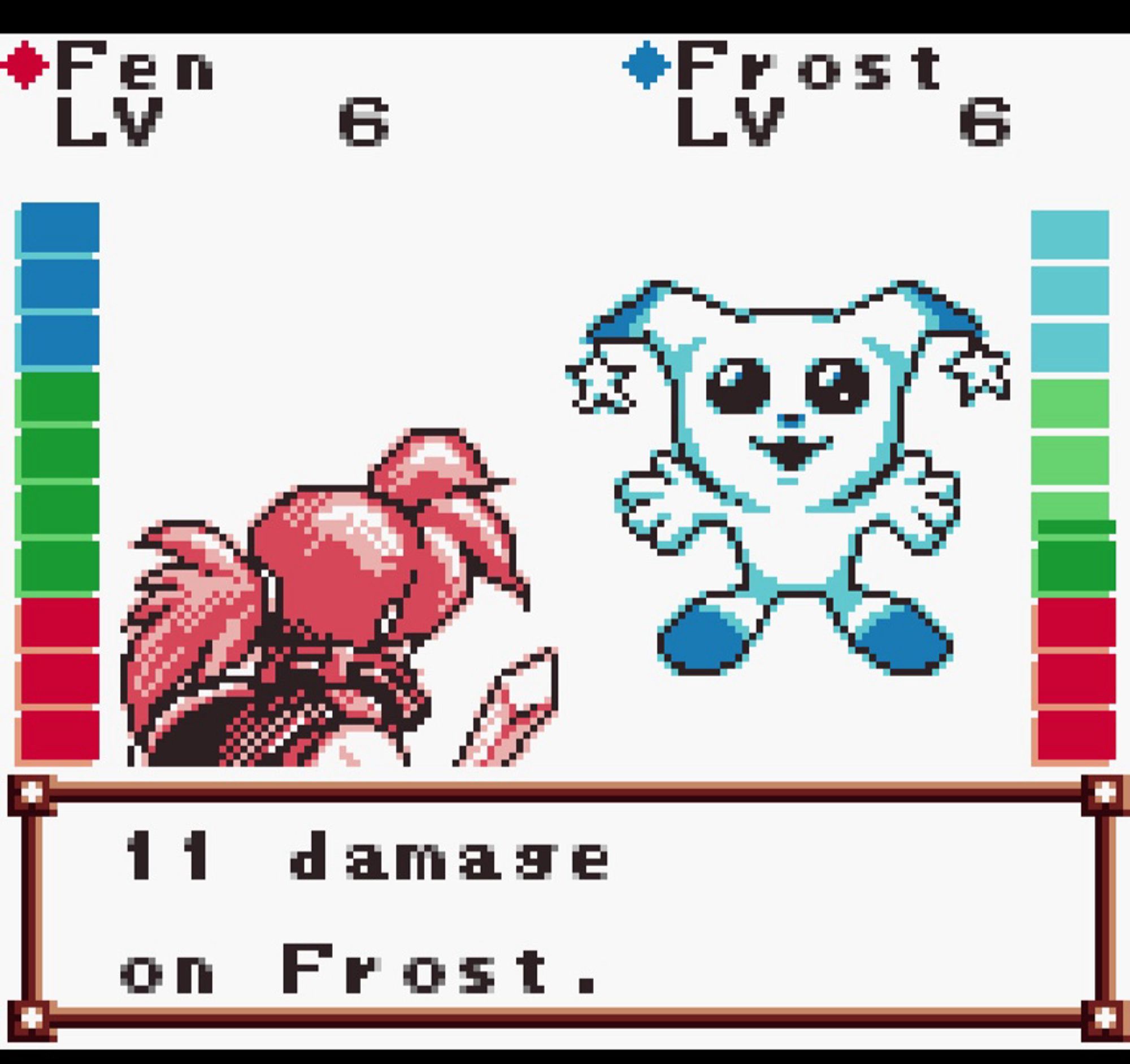 Screenshot of GBA game, with a cute monster called Frost and the player character. Text reads “11 damage to frost”