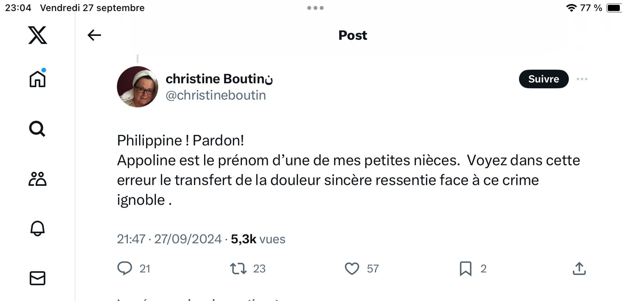 Philippine ! Pardon! 
Appoline est le prénom d’une de mes petites nièces.  Voyez dans cette erreur le transfert de la douleur sincère ressentie face à ce crime ignoble .