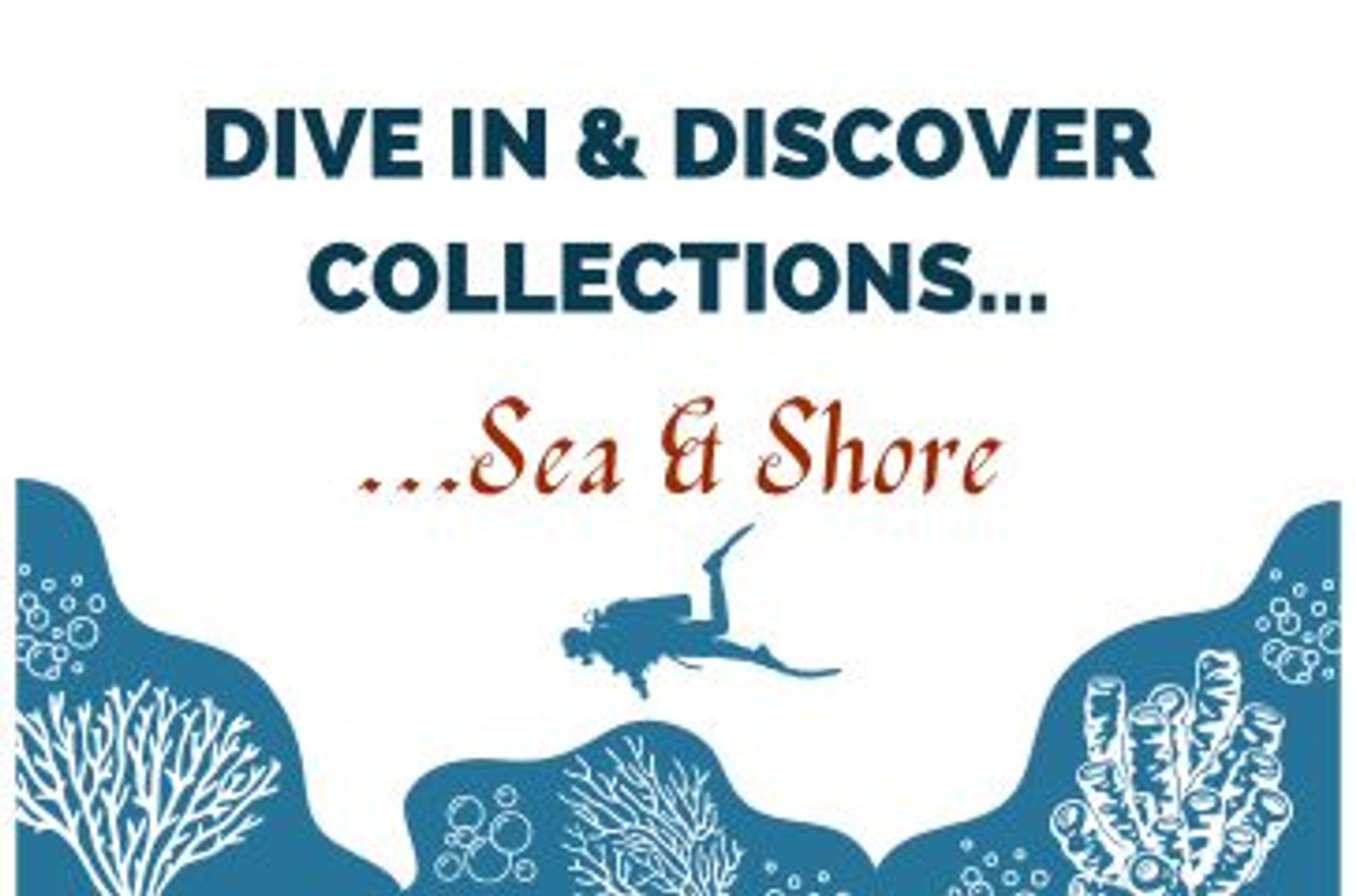 Text: Dive in & Discover... Sea & Shore over stylised coral waving in the sea and a diver swimming. 